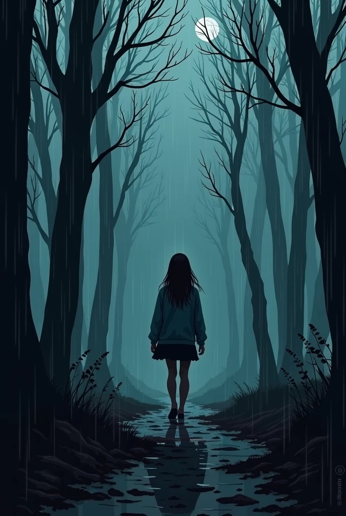 (((best quality,masterpiece,ultra-detailed))),(((high quality photography, Canon EOS R3, photorealistic))),horror art,dread,Best quality,masterpiece,ultra high res,(photorealistic:1.4),in a forested rural road at night very dark with moonlight with tall trees,side of the road is at a distance terrifying human entity sitting down with her knees up and face hidden,creepy,unnerving,unsettling,terrifying,80mm,horror lighting,dynamic action,