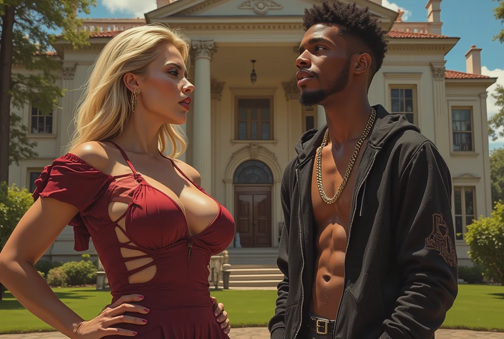 Couple hugging, Black man and blonde white woman, Couple in red clothes on fire, dark room, Man and woman with their faces covered, wearing earrings, blonde woman,man 
