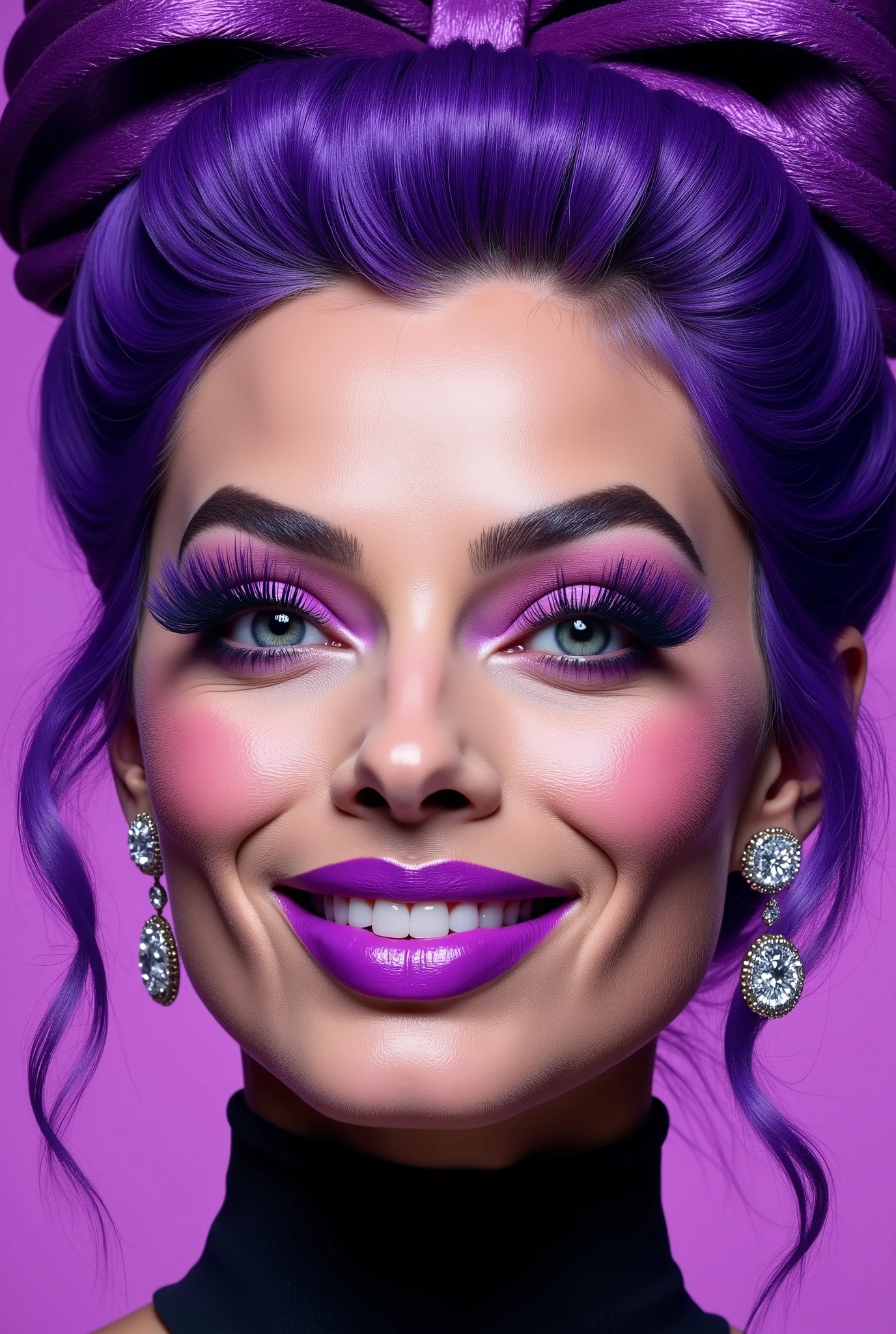 incredibly long and voluminous false eyelashes, bright purple makeup, bright purple hair , diamond earrings , collar, purple lips, her lips are pursed., bow shaped hair , high face, She laughs