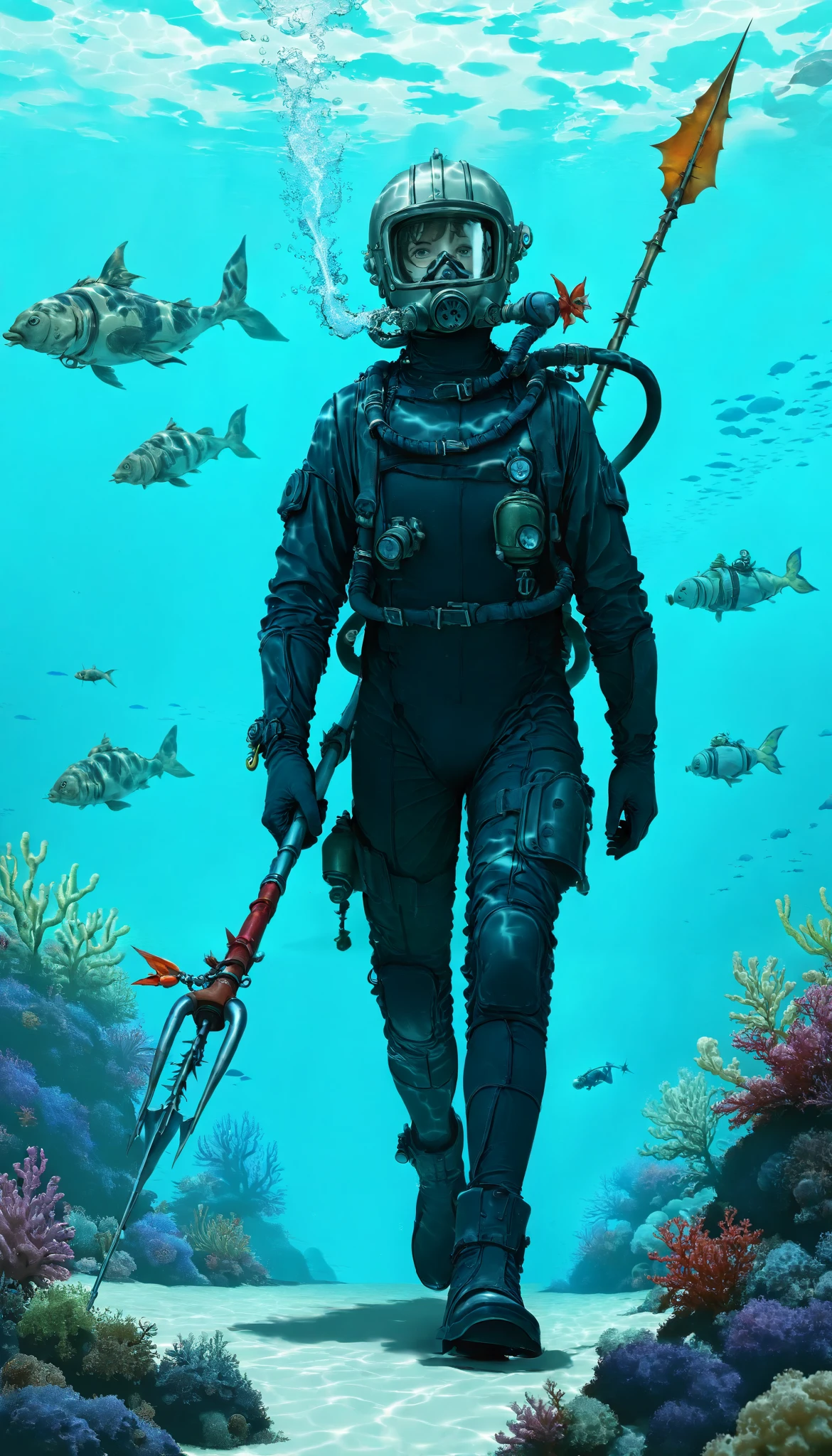 A man carrying a spearfishing harpoon,Underwater diver,scuba diving with antique diving,antique diving suit,metal helmet,Heavy suit,walking on the seabed