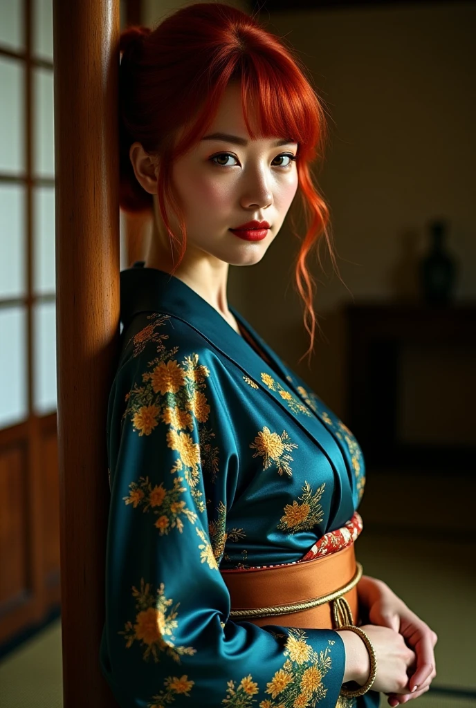A close-up portrait of a beautiful japanese woman with red floral kimono that hanging down exposed her cleavage, traditional buns hair with bangs, (redhead:1.3), detailed grayish blue eyes, she looks angelic and has good attitude, (slim fit body), (saggy, plump breast), soft and smooth skin, dynamic lighting, photon mapping, foggy atmosphere, gloomy background, mysterious, unique, (seen from forward:1.3)