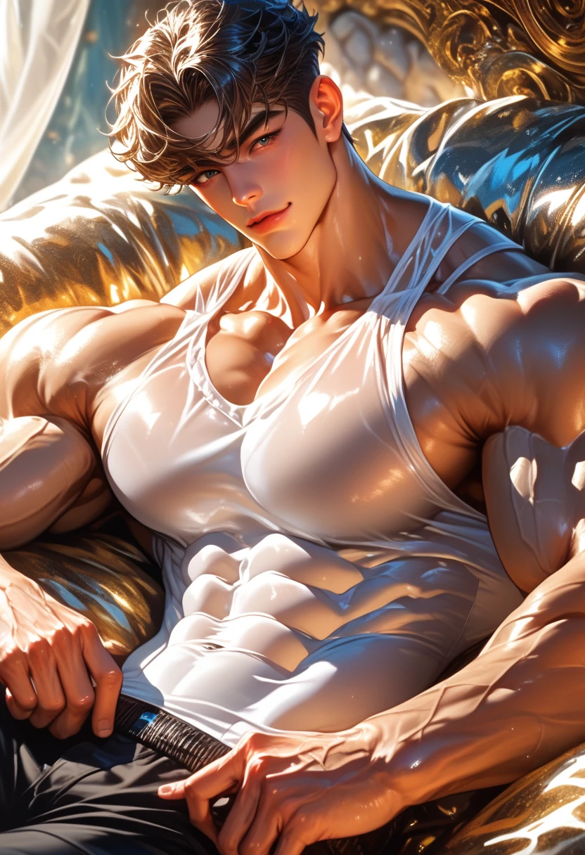 (absurderes, A high resolution, Ultra detailed, hdr), Masterpiece, Best quality, Handsome boy, Detailed face, Abs，Professional photo, The Alafed man is shirtless, Stand comfortably，standing on your feet，whole body picture，upper legs，small thighs，Long legs with their legs open, Focus on your audience,18 year old boy, Handsome boy, [ Firmly defined body ]，with fair skin，The light is even，Smooth shoulders，clavicle，Short broken hair，Youth，Slim young handsome guy，White  socks，The crotch protrudes，Eight-pack abs，high qulity，high detal，Handsome，Realiy，large bulge，The upper body is naked，bathroom， vivd colour， Sexual tension， Grease luster， cinmatic lighting ， wide angles， tmasterpiece， best qualtiy， ultra - detailed， 16k，without underwear, full naked, erected, , huge pennis, huge wiener, cum