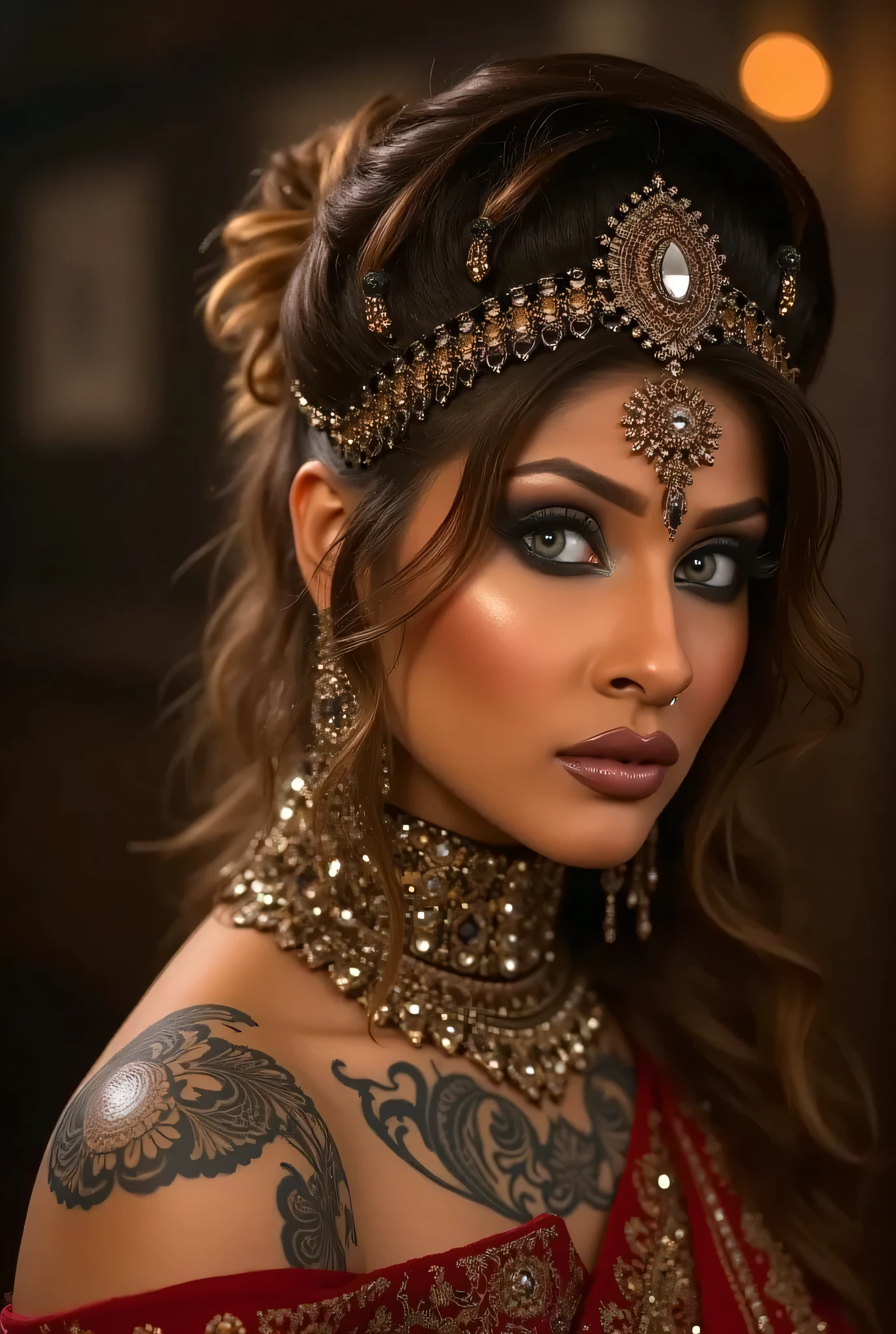(photorealism:1.2), The Seductive Persian Queen, (best quality,4k,8k, high res, masterpiece:1.2), ultra-detailed, realistic, tattoos, flash photography, dark nightclub, high saturation, bold colors, dramatic lighting, realistic, intricate details, warm colors, by Greg Rutkowski, by Alphonse Mucha
