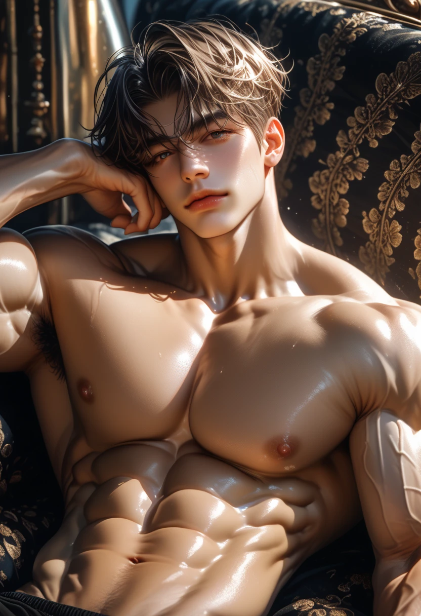 A handsome 20 years old man, muscular and slim, model , found lying on the seashore unconcious, eyes are closed and in pain, sexy and toned body, wet ripped shirt, exposed penis