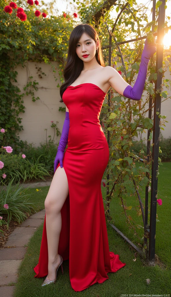 score_9, score_8_up, score_7_up, BREAK,
 intricate details, beautiful curvy (muscular) ((Latina)) demon woman, black hair, very long hair, detailed face and eyes, ((purple skin)), yellow pupils, ((black sclera)), purple horns, ((tail)), red strapless jessica rabbit dress, purple elbow gloves, red lipstick, purple eyeshadow, looking over shoulder, seductive expression, seductive pose, living room, view from behind, hair covering one eye
