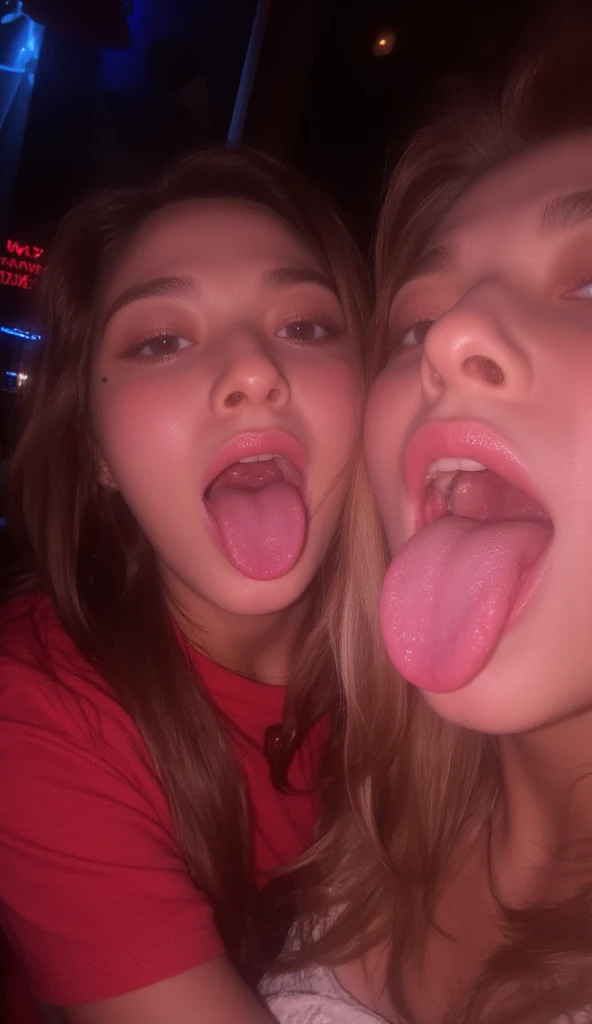 1 blonde girl and 1 brunette girl on their knees looking up with their mouths open. Cum on their faces