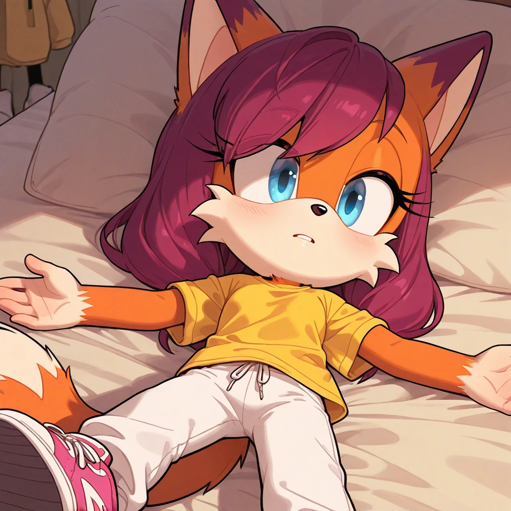 sthmarine, body fur, raccoon ears, raccoon tail, blue eyes, shirt, bike shorts, sitting, :d, bedroom <lora:Marine-Raccoon-000008:1>