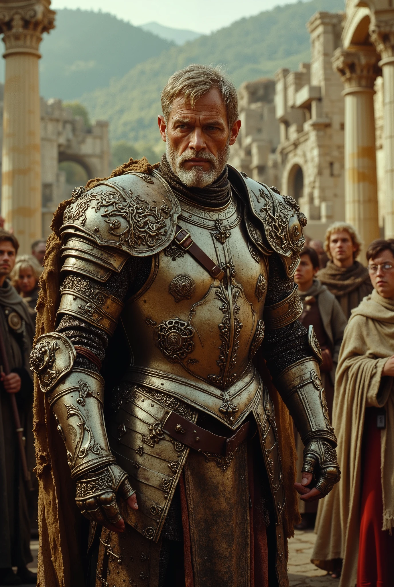 arafed man in armor standing in front of a group of people, a detailed matte painting inspired by Roman Bezpalkiv, shutterstock, renaissance, still from a fantasy movie, richard iv the roman king photo, frank dillane as puck, as a medieval fantasy character, fantasy movie still, film still dnd, still image from tv series