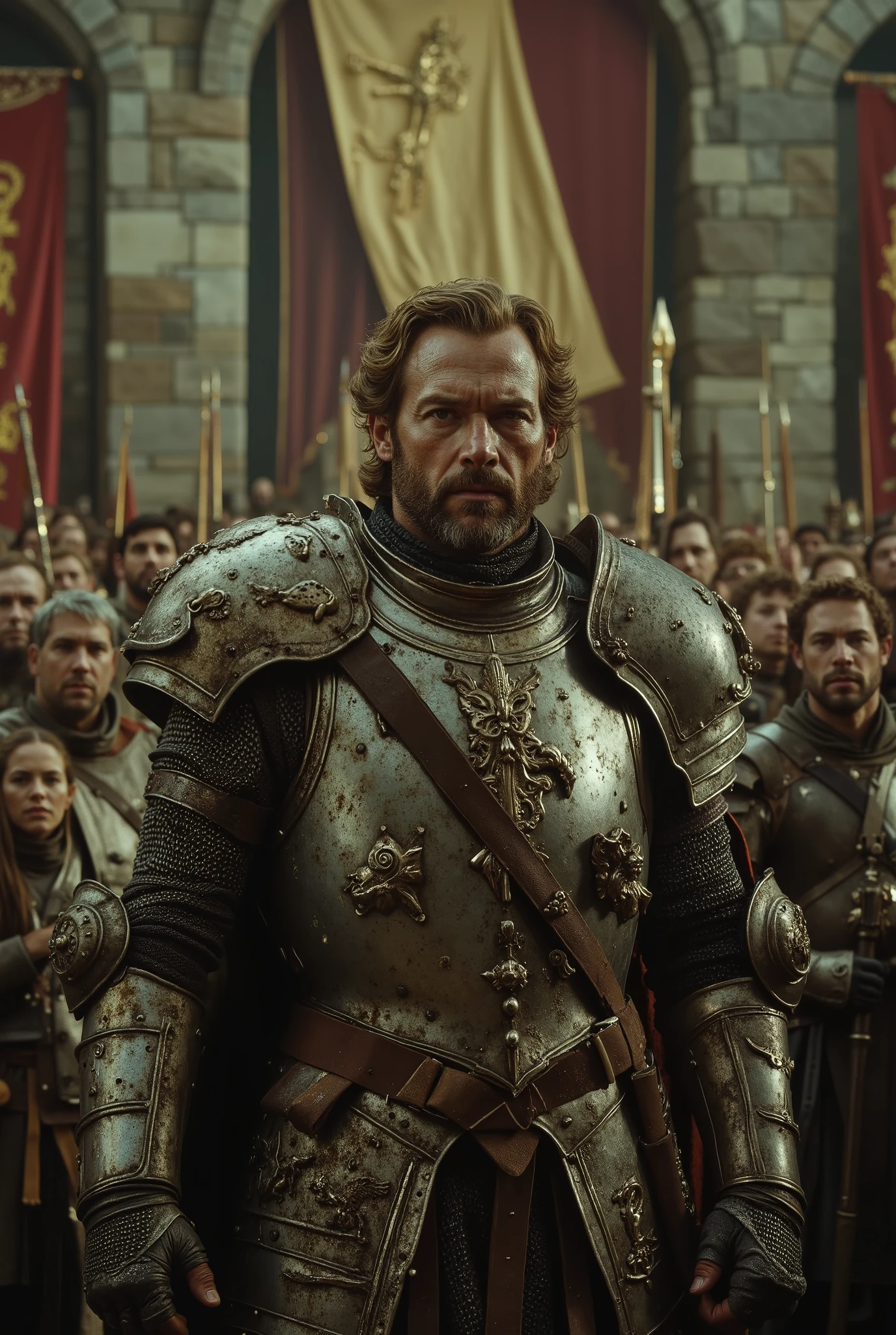 arafed man in armor standing in front of a group of people, still from a fantasy movie, richard iv the roman king photo, frank dillane as puck, as a medieval fantasy character, fantasy movie still, film still dnd, still image from tv series, film still dnd movie, shot from danis villeneuve movie, richard iv the roman king