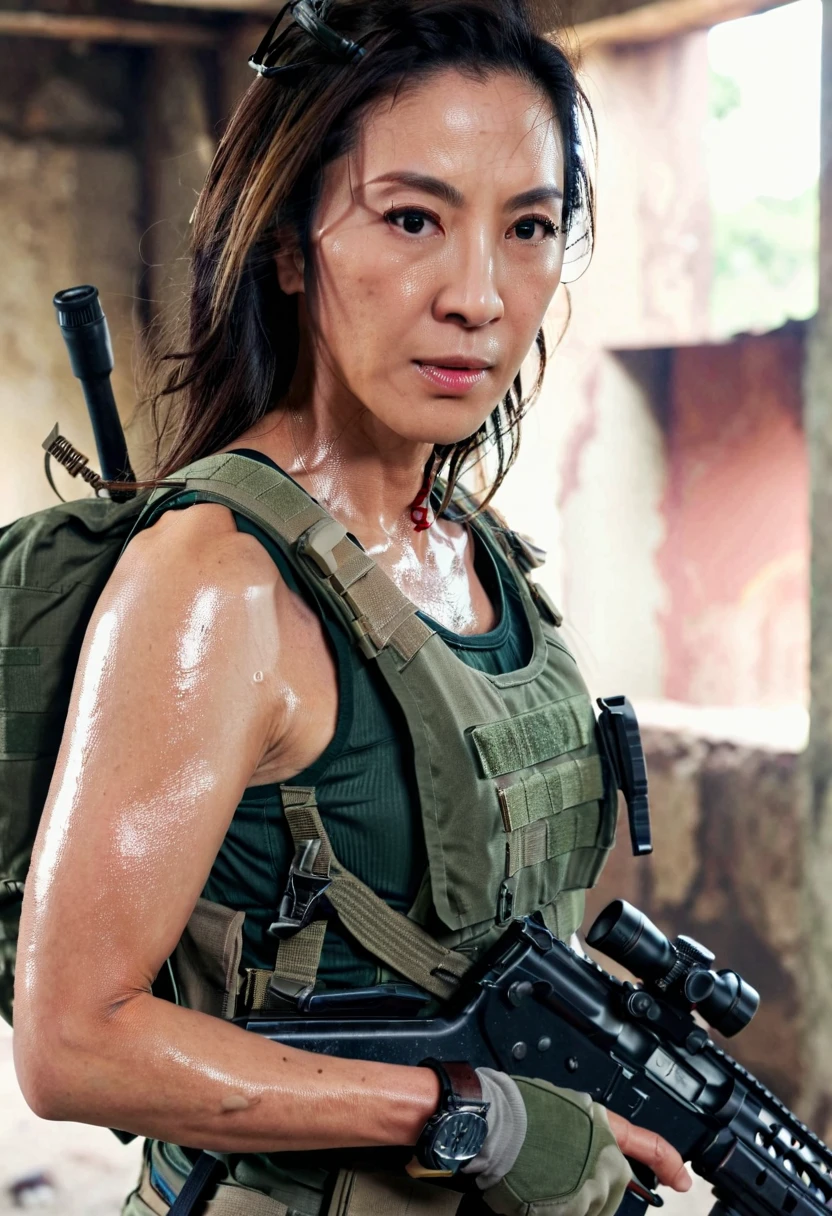 40 years old asian actress michelle yeoh mercenary soldier woman wearing armor vest and backpack holding assault rifle in abandoned building, face sharp focus,real model, real people, real scene, real skin texture, Hyperrealistic,Photorealistic image, dynamic lighting, volumetric illumination, 4 K, awarded, real scene, 、Wide Chest , ((Beautiful actress cold face )) , sharp focus , ( 8K ultra HD :0.8), more details, RAW amateur photo neck, And a sweaty face , Beautiful Actress Scandals , sex,seat,(( sweaty chest and décolletage , sweaty skin,Sweaty, shiny skin)),(( Wet Filter))
