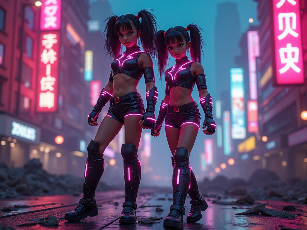 Masterpiece, Best Quality, 2 ((smiling)) cyberpunk girls standing together, Harajuku inspired cyberpunk body harness, bold colors and patterns, Eye-catching accessories, Modern and innovative hairstyle, dazzling cyberpunk cityscape, skyscraper, bright neon signs, Luces led, animated illustration, detailed skin texture, detailed fabric texture, beautiful detailed face, intricate details, ultra detailed, cinematic lighting, strong contrast.
