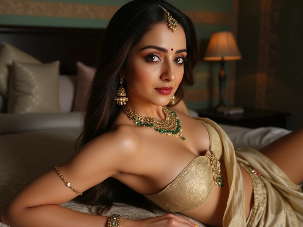 Portrait of A confident-looking white rea chakraborty , actress rea chakraborty, white woman with bun of long and thick brown hair tied behind and covered with flowers, hazel eyes, wearing a traditional green saree, medium cleavage, wearing lots of jewellery, smile on face, lusty look, standing in bedroom, perfect composition, hyperrealistic, super detailed, 8k, high quality, trending art, trending on artstation, sharp focus, studio photo, intricate details, highly detailed, art by greg rutkowskiIndian woman blue eye and very long dark brown hair wolf hair cut hairstyle, round face shape with dimples, wering nose ring, ear rings,( body mesurement 37-30-40 weight 70kg height 5.7 ft ,)realistic lighting and HDR 8K sunset time natural red sun lightning ,5:10 ratio, wide angle, background beutifull naher , vibrant color grading, wide-angle shot, light leaks, adventure