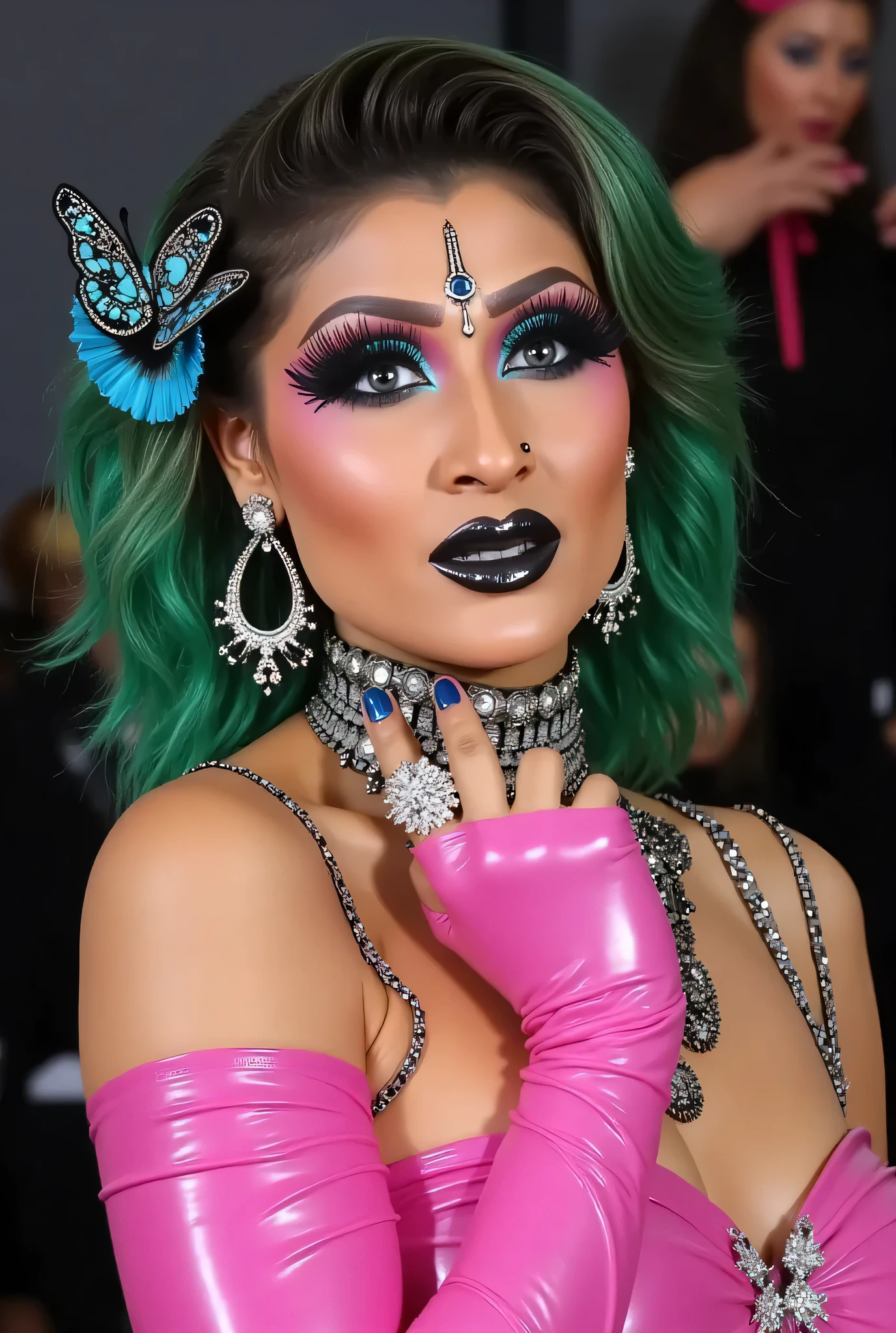 outrageously long and voluminous lash extensions., laughs a lot,  pink latex suit, diamond ear earrings,  green hair, black lips, bright black makeup, butterfly clip on the head