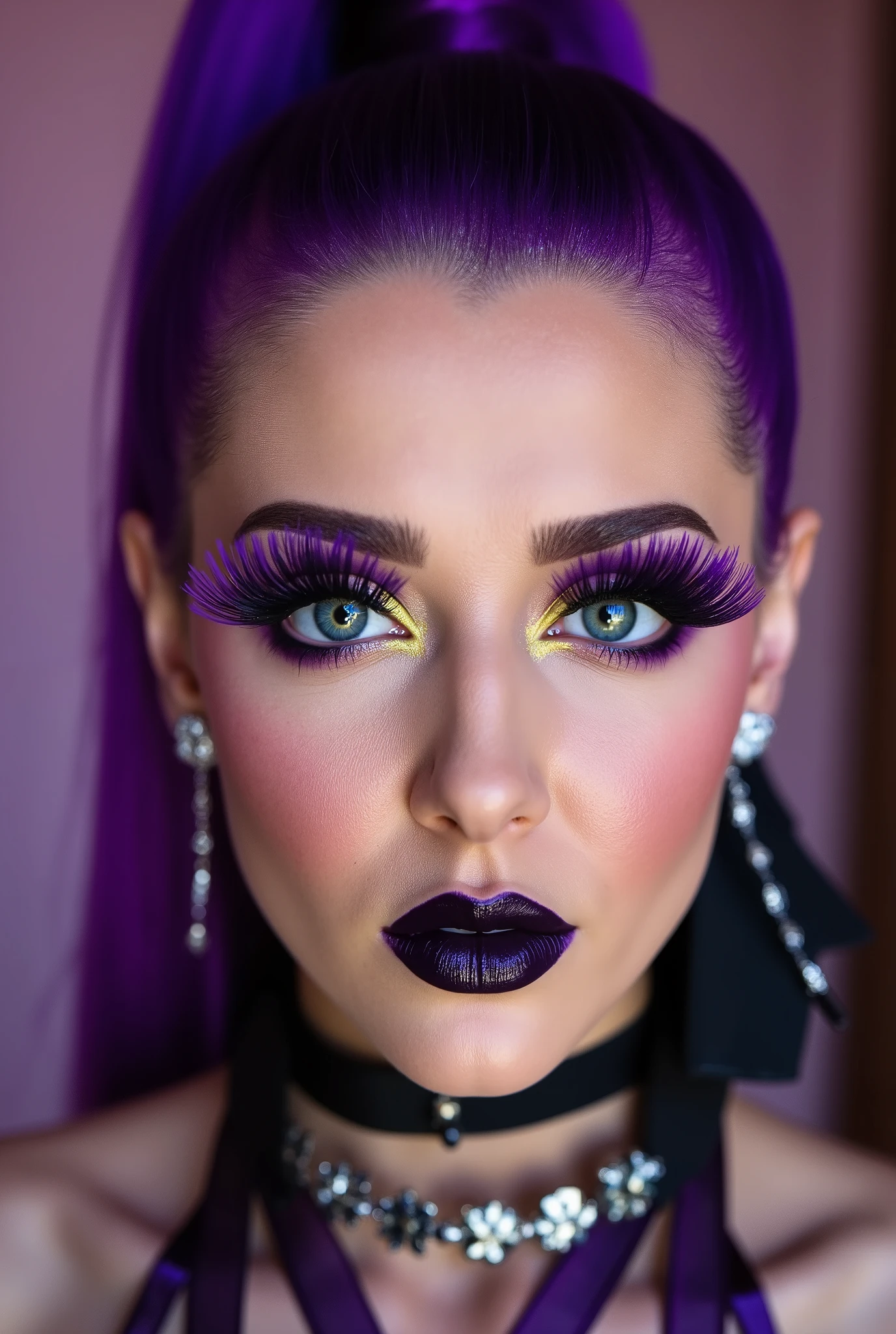 incredibly long and voluminous false eyelashes, bright purple makeup, bright purple hair , diamond earrings , collar, black lips, her lips are pursed., ponytail hair , high face, She laughs