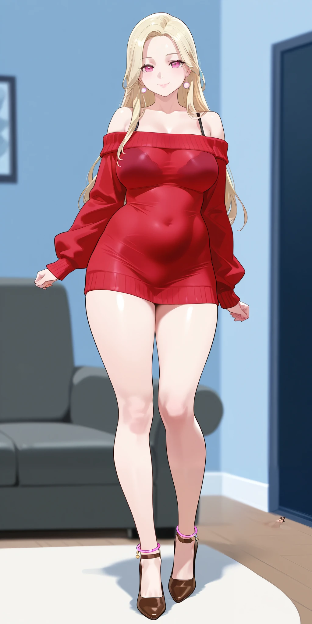 An extremely beautiful woman with blonde hair. She has extremely fair white natural skin, big pink eyes, big plump candy-red glossy lips, medium breasts, and a perfectly slim slender body. She's only wearing an oversized tube off-shoulder red sweater, visible bra straps, brown heels, and feet anklets. She's standing straight, mouth closed, smiling, and a living room in the background. Show her full body.