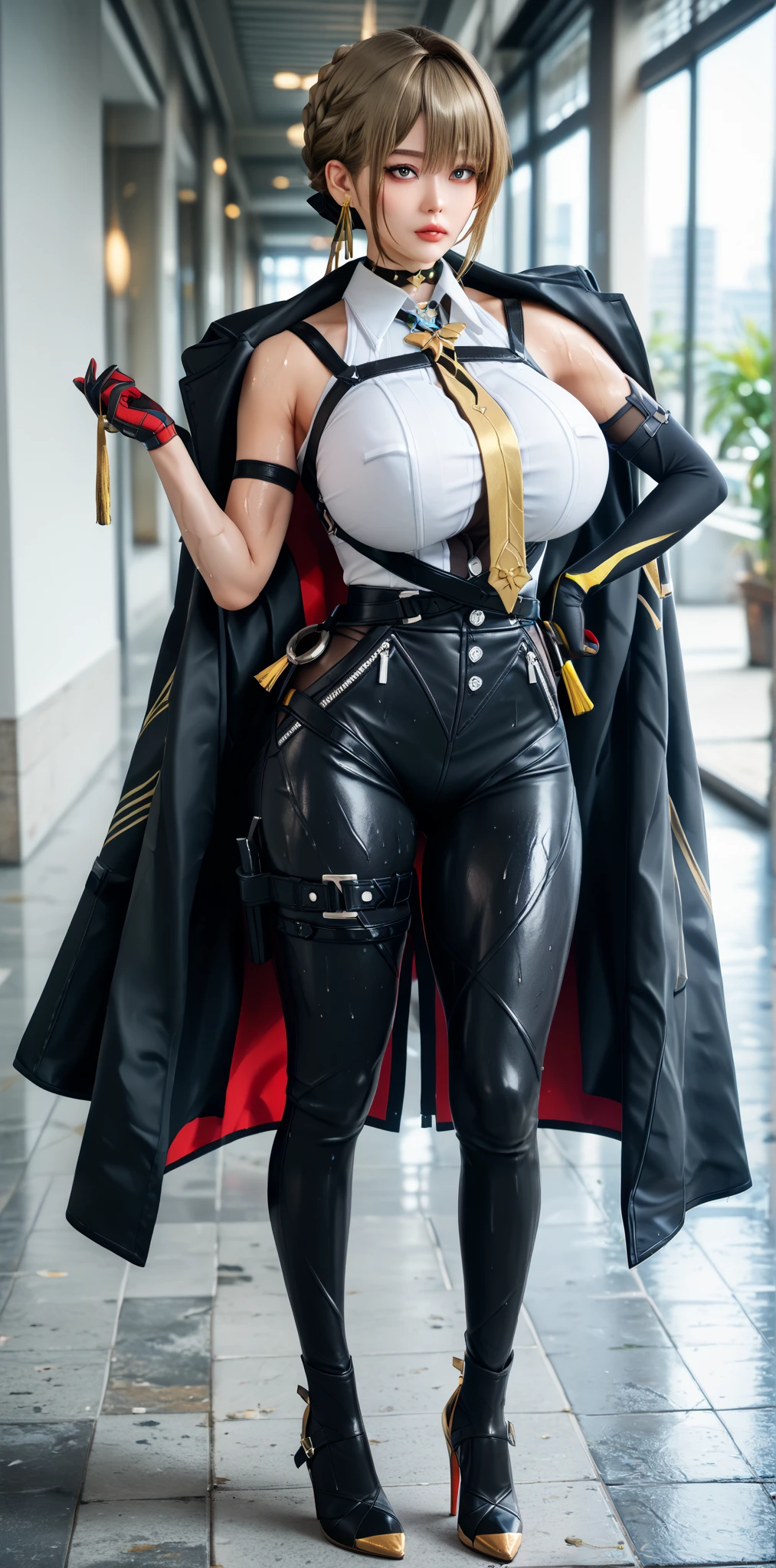 Five fingers, one woman, huge, cleavage, slender long legs, leg line beauty, military uniform, color guard, long pants, military shoes, tanned skin, smile, shining clothes, full body view, publicity cosplay, full cosplay, taken by Canon 5D Mk4, cosplay photo
