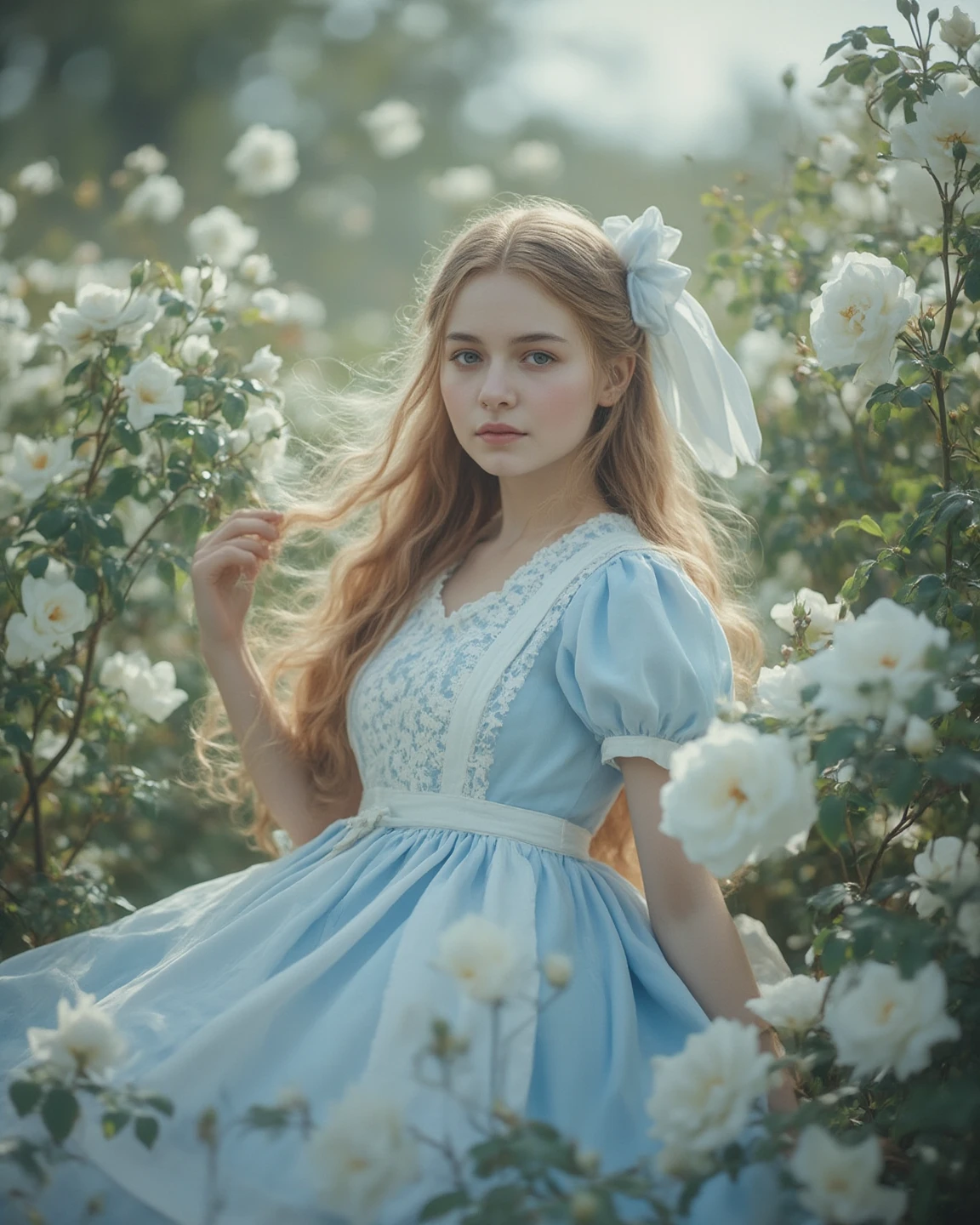 a woman in a blue dress holding a red rose in her hand, Alice in wonderland style, Alice from Alice in wonder land, like Alice in wonderland, blonde haired princess, from Alice in wonderland, Beautiful Delfina, Elle Fanning), portrait of Alice in wonderland, fair and pale skin!!, Alice attends mad tea , beautiful maiden, amaranth, Alice