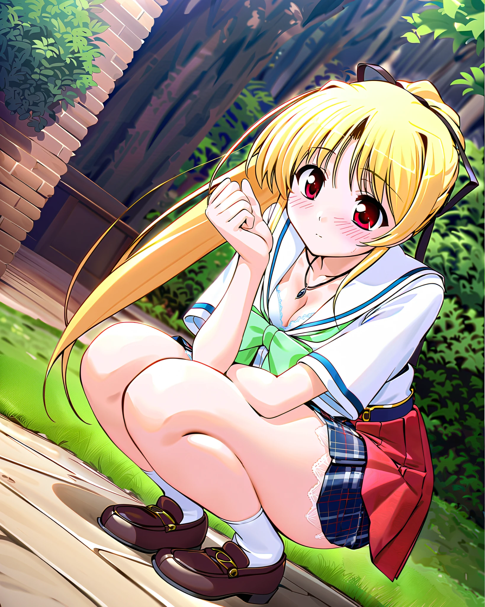 cynthia marguerite, Alone, (cowboy shot), blonde hair, red eyes, ponytail, long hair, hair ribbon, small breasts, cleavage, (school uniform), (squatting:1.2), (white lace panties), (I'm fascinated:1.1), (shy:1.1), (outdoor), score_9, score_8_up , score_7_up , source_anime, best quality