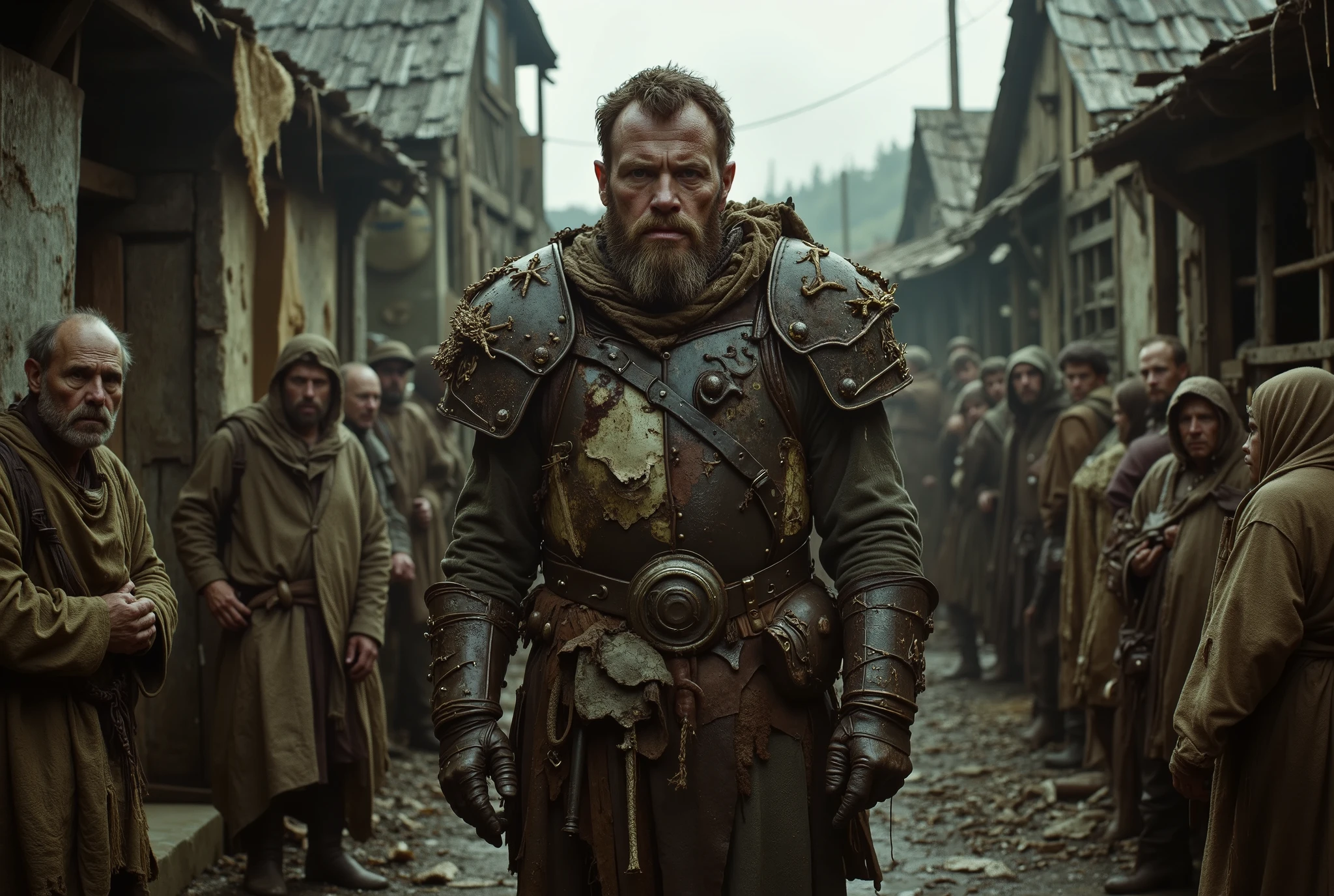 arafed man in cheap leather armor standing in front of a group of poor villagers, still from a fantasy movie, bandit thug photo, frank dillane as a bandit, as a medieval fantasy character, fantasy movie still, film still dnd, still image from tv series, film still dnd movie, shot from danis villeneuve movie, Nurgle corruption