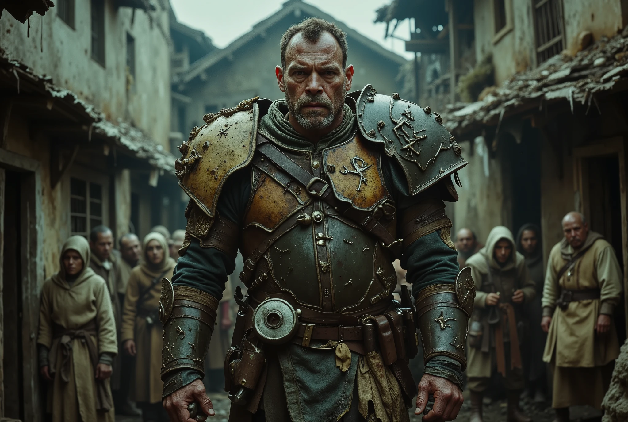 arafed man in cheap leather armor standing in front of a group of poor villagers, still from a fantasy movie, bandit thug photo, frank dillane as a bandit, as a medieval fantasy character, fantasy movie still, film still dnd, still image from tv series, film still dnd movie, shot from danis villeneuve movie, Nurgle corruption 