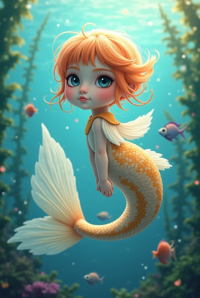 Mermaids playing at the bottom of the sea,Orange head color,roundly eyes,Childhood,ssmile,Young,airbubble,A plant,A little coral,simplebackground,Gradient color,Translucent,k hd,Fine quality,optimum