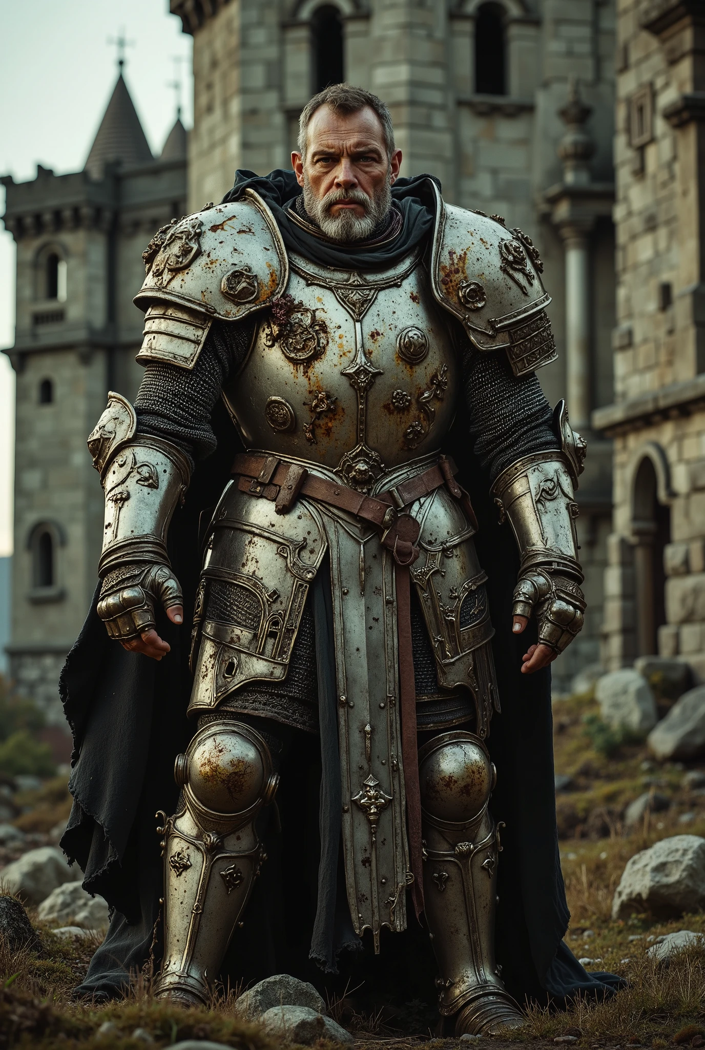 arafed man in armor standing in front of a building, rugged male medieval knight, knight in armor, medieval knight, knight wearing plate armor, wearing heavy armor with cape, attractive male with armor, aragorn with medieval armour, medieval style, knight, dressed in armor, very detailed medieval, medieval warrior, photogenic details on armor, thick armor, wearing knight armor, Nurgle Infection