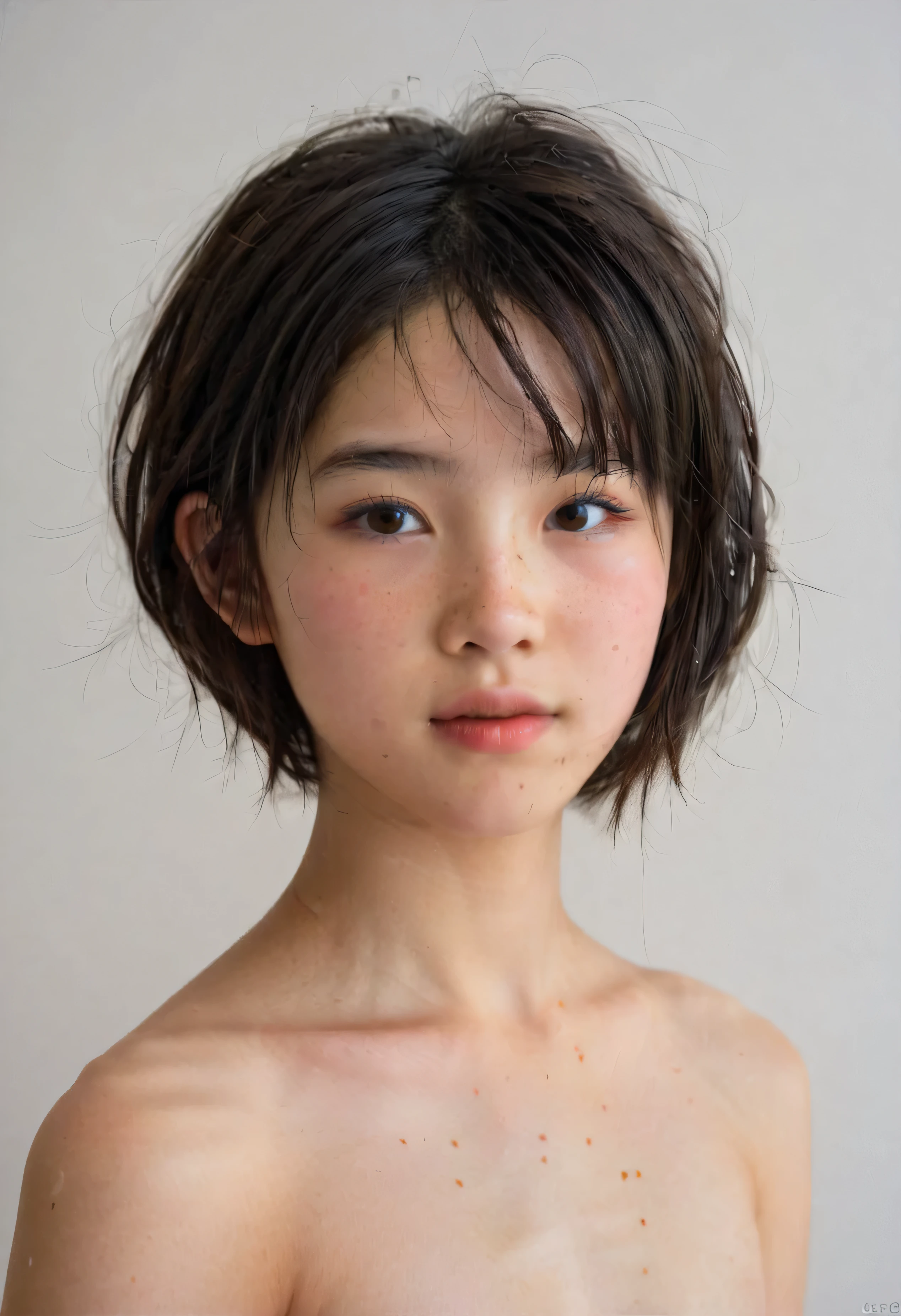 front on angle, portrait, 50mm lens, headshot against a white wall, (Japanese  girl), (yo:1.5), black hair, bob style haircut, brown eyes, some freckles, thin nose, big lips. naked, (small natural breasts), ultra realism, photo realism, studio lighting, 