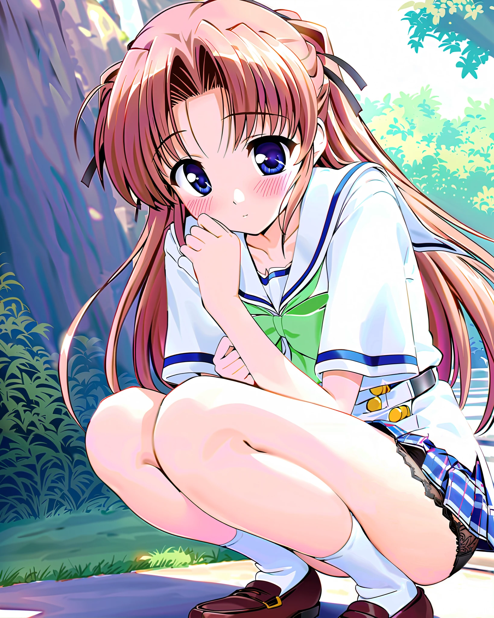 one girl, Alone, takamizawa natsuki, (cowboy shot), brown hair, blue eyes, long hair, small breasts, cleavage, (school uniform), (squatting:1.2), (black lace panties), (I'm fascinated:1.1), (shy:1.1), (outdoor), score_9, score_8_up , score_7_up , source_anime, best quality