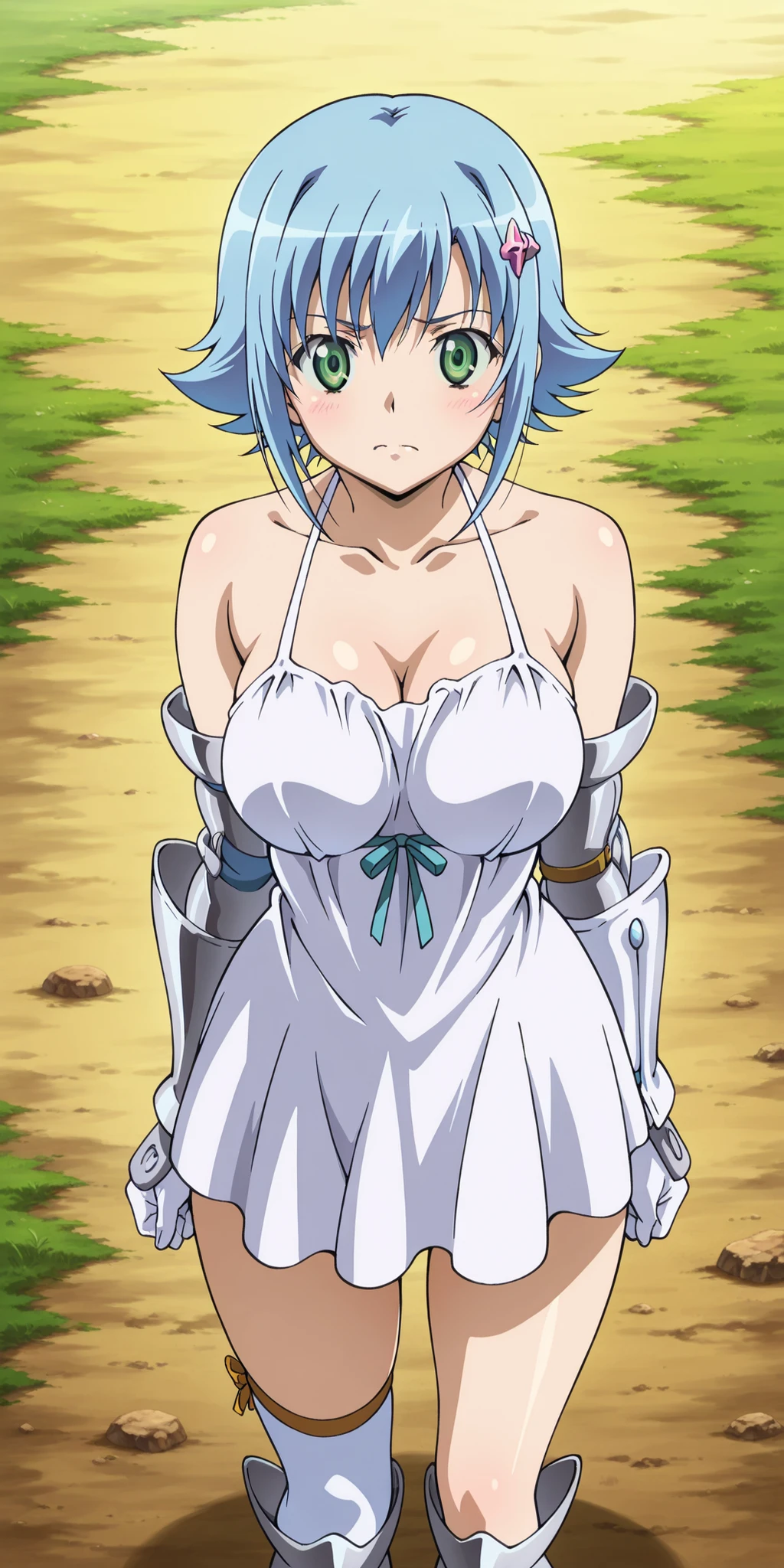 best quality、amazing quality, queens-blade、nanael, short hair, green eyes, blue hair, slenderbody、anime、