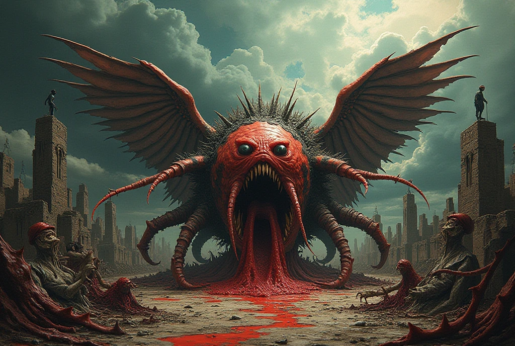 DREAD, <lora:WorldofUndead:1>, worldofundead, rotting, rotten flesh, Skeletal,, blood, gore, Colossal Avian Biomimetic Polished Amphibian, Tripedal Trimanual, Hoofed, Spiked-Tailed, Slimy Skin, Pointed Ears, Dark Wings, , midnight, volumetric lighting, , Horror, <lora:more_details:1>