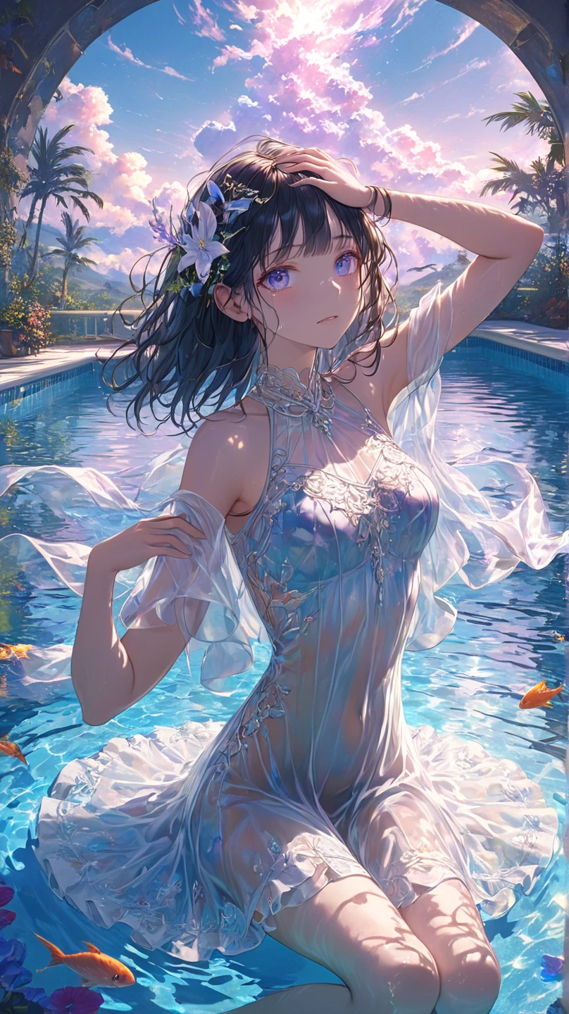 (((High resolution:1.5))), (((Very detailedな:1.5))),BREAK, (((Pool:1.5)))、BREAK,((7Head to Body:1.3))、(((Beautiful and detailed eyes:1.3))), (((Very detailed))), (((Details face:1.5))), (((clavicle:1.5)))、(((Very delicate body:1.5)))、(((flat chest:1.4)))、(((Waist:1.3)))、(((thigh gap:0.4))),(((Black Hair:1.5)))、(((short hair:1.6))),(((Normal limbs)))、(boyish:1.5)))、(((Wedding dress:1.5)))、(((head:1.3)))、(((from front:1.1))),Anime-like、