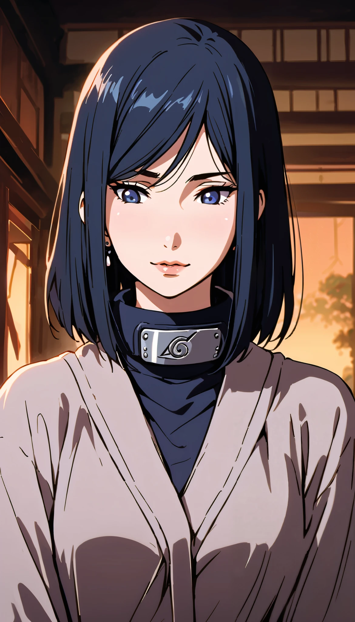 vintage movie, girl, Izumi Nase, short hair, navy hair, straight hair, woman body, cute earrings, ((dressed like hyuuga hinata from naruto))
, hyuga clan, shinobi village, konohagakure, (((perfect lips))), perfect hair, looking down, shy, melancholic, ((young)), ((19 years old)), shonen style
((solo girl)), ((feminine)), ((sweet)), pure, ((litle smile))