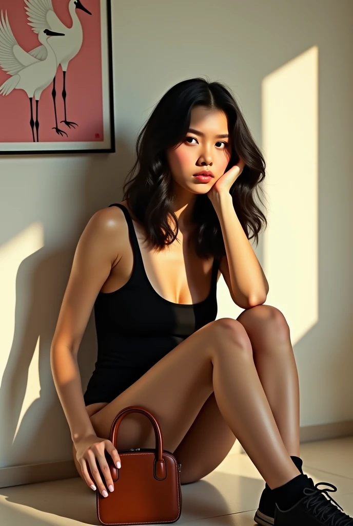 
a 25 year old Indonesian woman, wearing a white tank top, is sitting on the sofa, the background of the room is black with thick smoke. Make the image as realistic as possible in HD quality