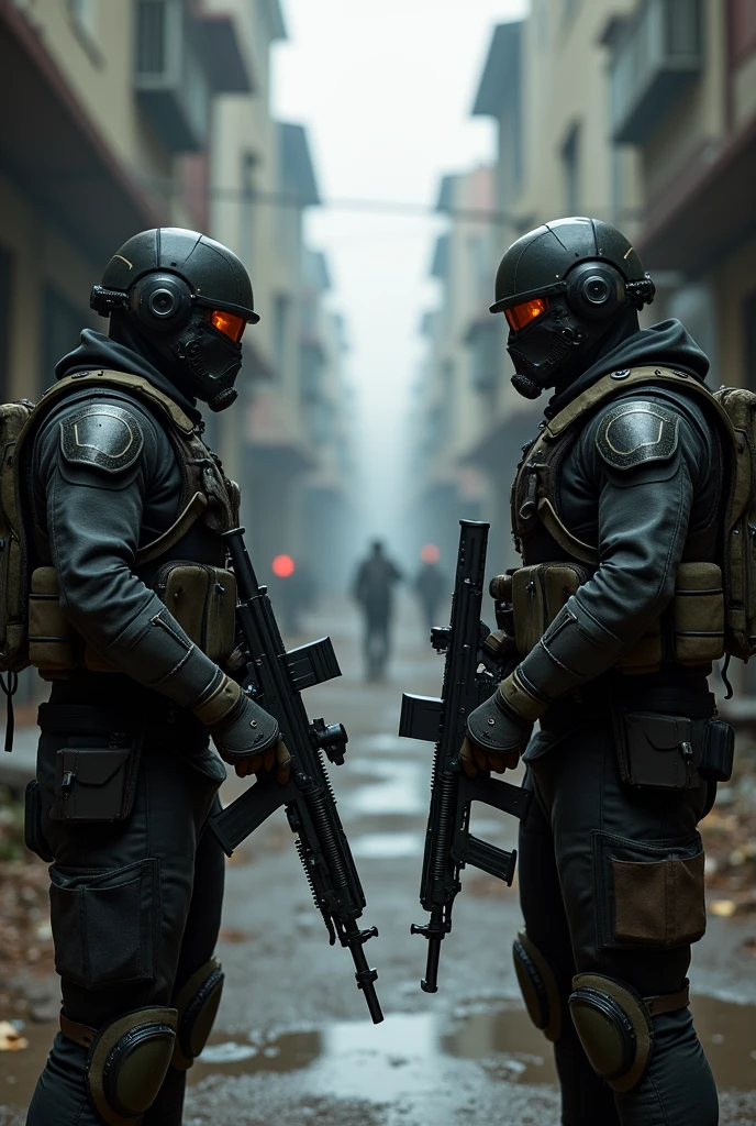 masterpiece, ultra high res, 1man, mid-age man, holding assault rifle,detail face, outdoors, city, (((MWghost))), tactical clothes, vaporwave style, purple style