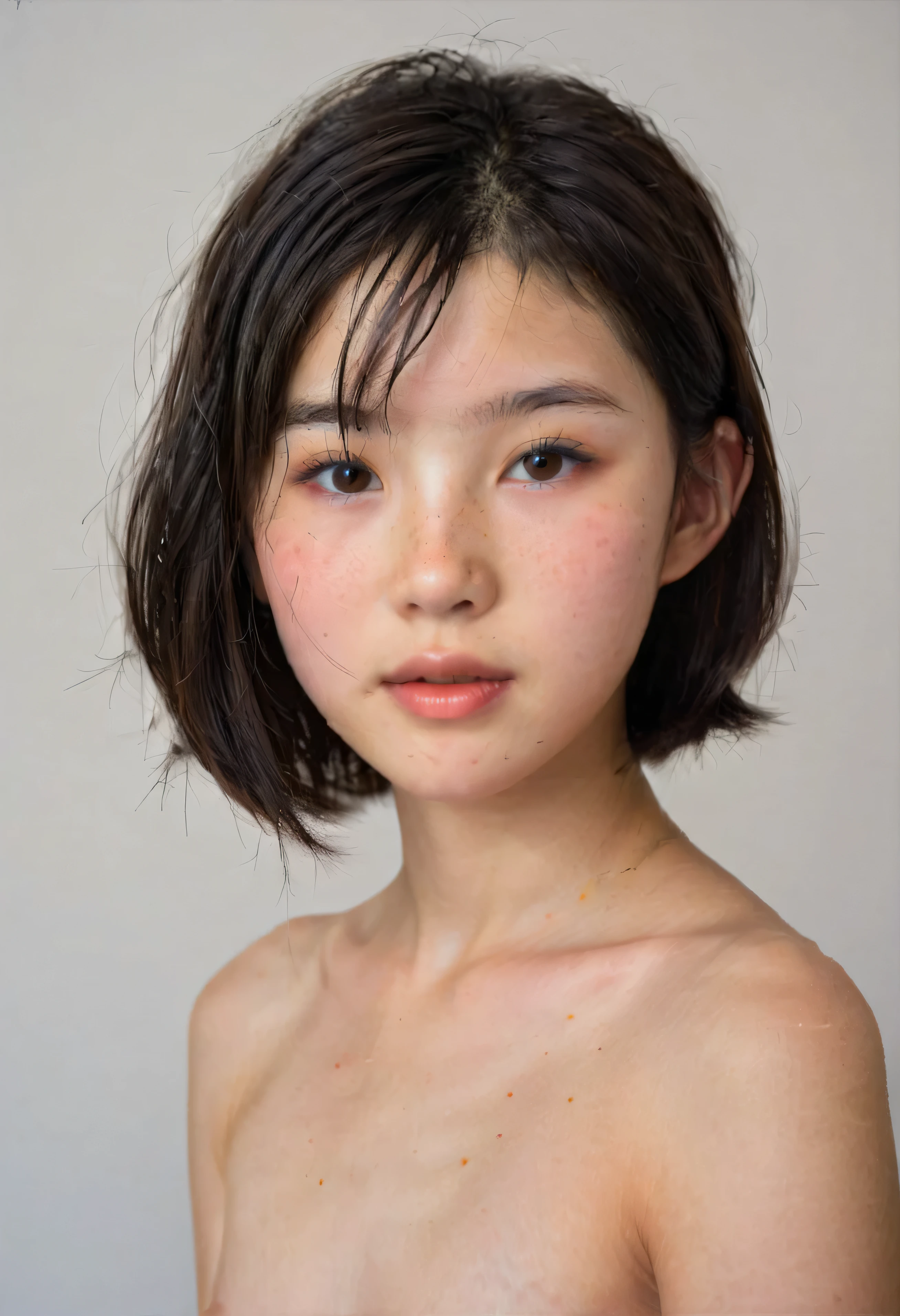 front on angle, portrait, 50mm lens, headshot against a white wall, (Japanese girl), (yo:1.5), black hair, bob style haircut, brown eyes, some freckles, thin nose, big lips. naked, (small natural breasts), ultra realism, photo realism, studio lighting,