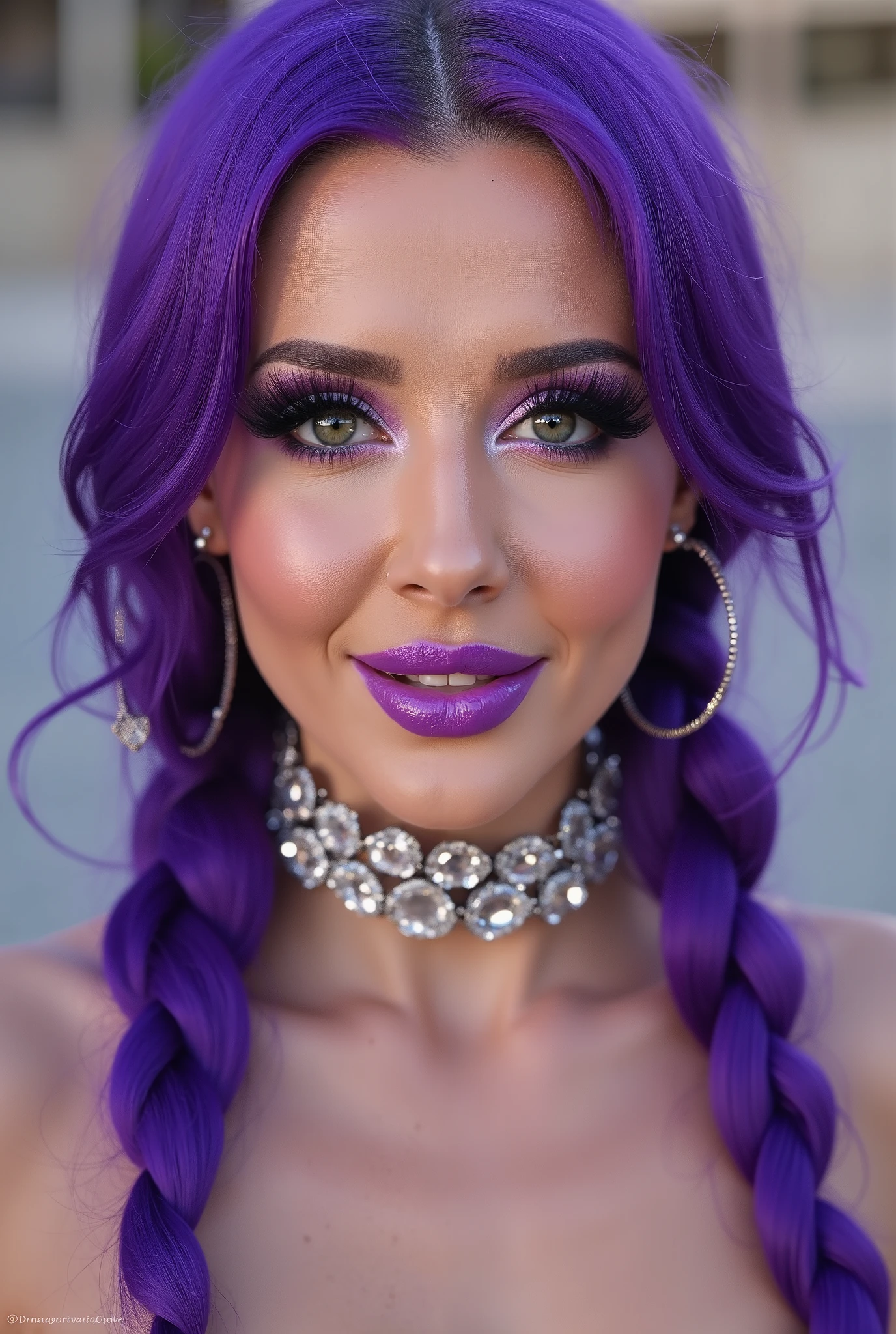 incredibly long and voluminous false eyelashes, bright purple makeup, bright purple hair , diamond earrings , collar, purple lips, her lips are pursed., long braid , high face, She laughs
