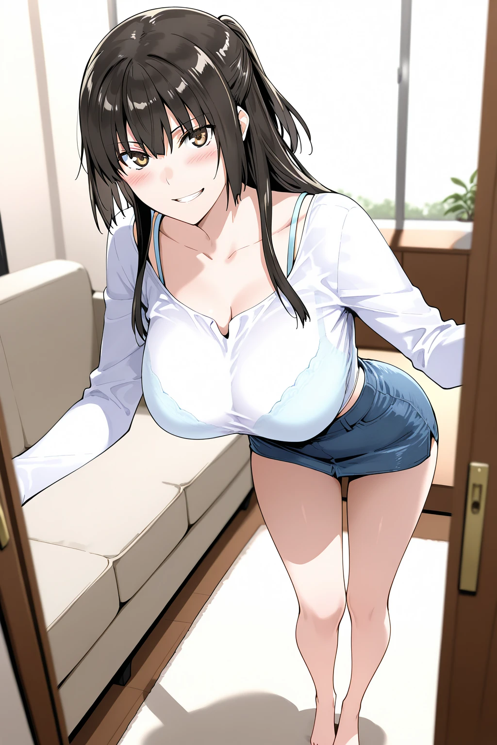 ((masterpiece)), ((best quality)), (ultra-detailed), ((extremely detailed)), 4K, (8K), best quality, 1girl, (((full color))), (((perfect anatomy))), (five fingers), , (beautiful detailed black hair), (((world-class quality))), photorealistic, extremely detailed, high resolution, (((detailed shaded pretty face))), house wife, (mature lady), solo, (((sagging breasts))), ((glowing detailed skin and hair)), white-skinned, ((((gleaming skin)))), light smile, beautiful detailed eyes, full-face blush, (red lips:1.1),  BREAK, perspired, oil, (wearing Oversized white open_shirt:1.1), (unbutton:1.3),half ???????, (bottomless:1.1), panties BREAK, bed room