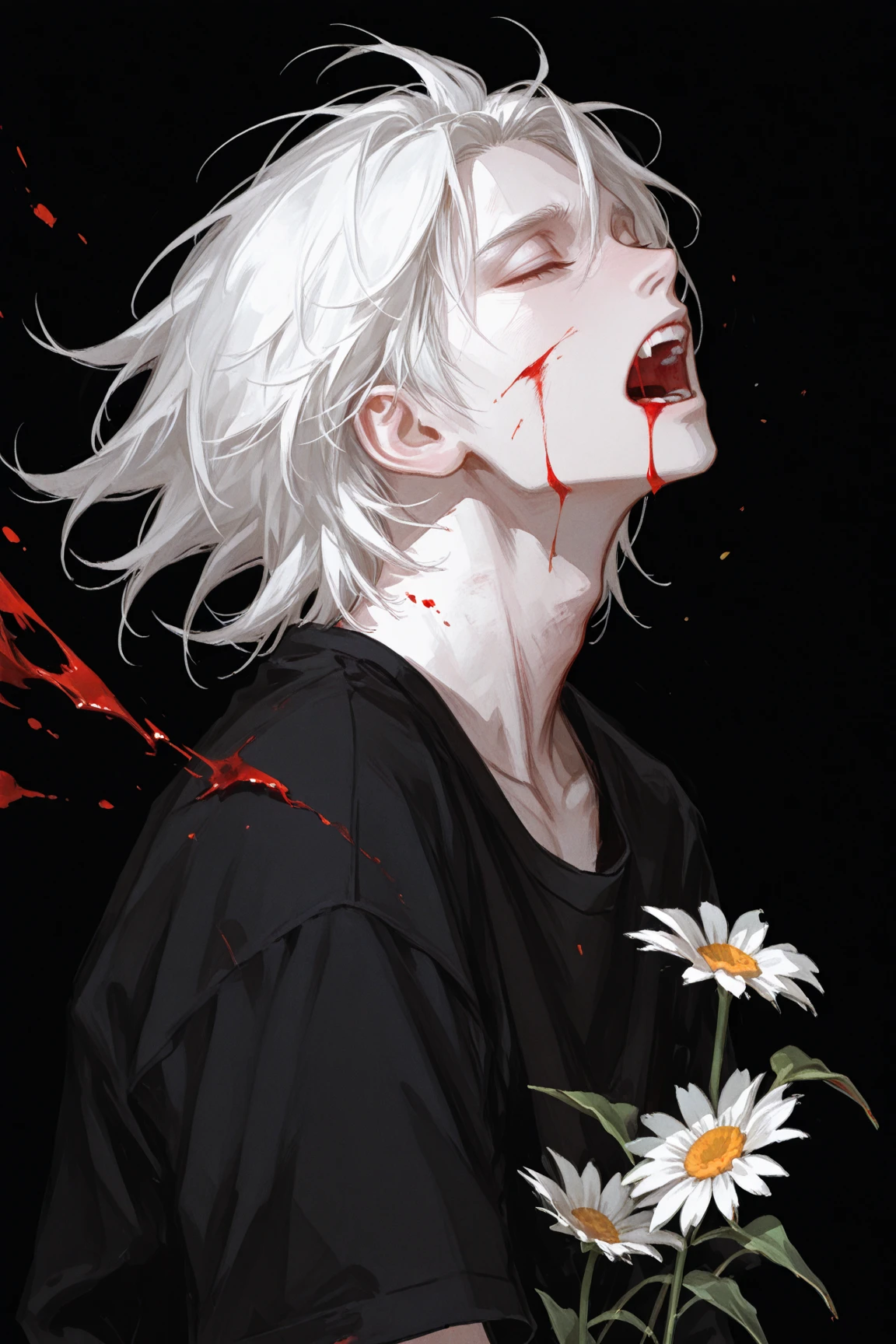 1male, solo, male_focus, white_flower, white_hair, blood, closed_eyes, shirt, blood_from_mouth, upper_body, black_shirt, black_background, floating_hair, open_mouth, teeth, daisy, injury