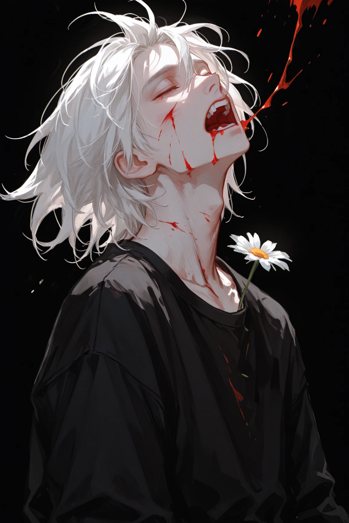 1male, solo, male_focus, white_flower, white_hair, blood, closed_eyes, shirt, blood_from_mouth, upper_body, black_shirt, black_background, floating_hair, open_mouth, teeth, daisy, injury