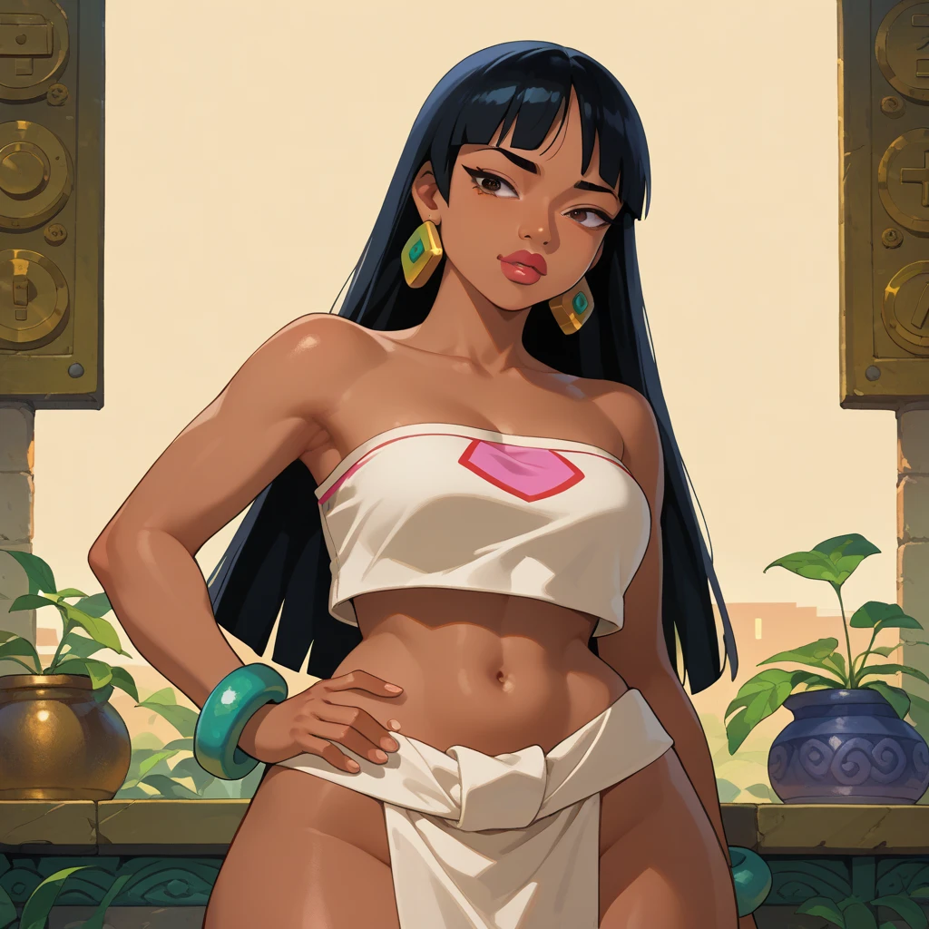 masterpiece, best quality, 1girl, solo, chel, black hair, long hair, blunt bangs, brown eyes, dark skin, lipstick, tube top, cleavage, bare shoulders, earrings, seductive smile, looking at viewer, temple background