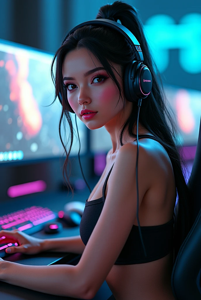 Create a image of a beautiful naked GOTH girl, 21 YEARS OLD, STRAIGHT LONG HAIR WITH BRAIDS, COLORED HAIR, narrow waist, wide hips, TONED BODY, FIT BODY, and narrow jawline. Topless boobs out. She is looking at the viewer suggestively, teasing her tits. Large perky breasts. The girl has detailed skin. Her long two-tone hair frames her gorgeous face, and her eyes, accentuated with dark makeup, shine with an intense light. Diamond necklace. She is at a computer gaming desk. (maximum ultra high definition image quality and rendering:3), maximum image detail, maximum realistic render, (((ultra realist style))), realist side lighting, , 8K high definition, realist soft lighting, (amazing special effect:3.5), perky tits (topless, exposed breasts, naked) realistic