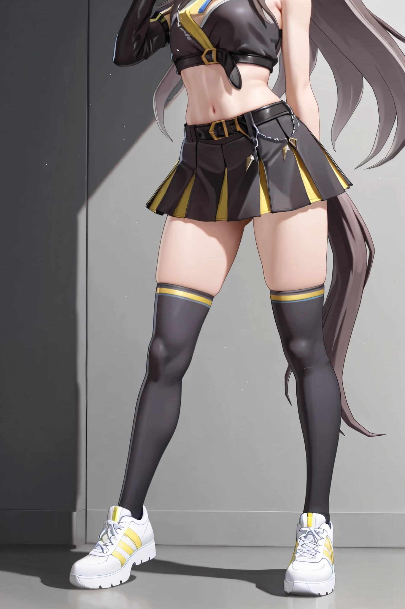 NSFW,masterpiece,top quality,high definition,very detailed,dreamjourney(umamusume),glasses,cheerleader,cheerleader with radiant skin,crop top with black jacket, sleeveless,miniskirt,knee-high socks,sneakers