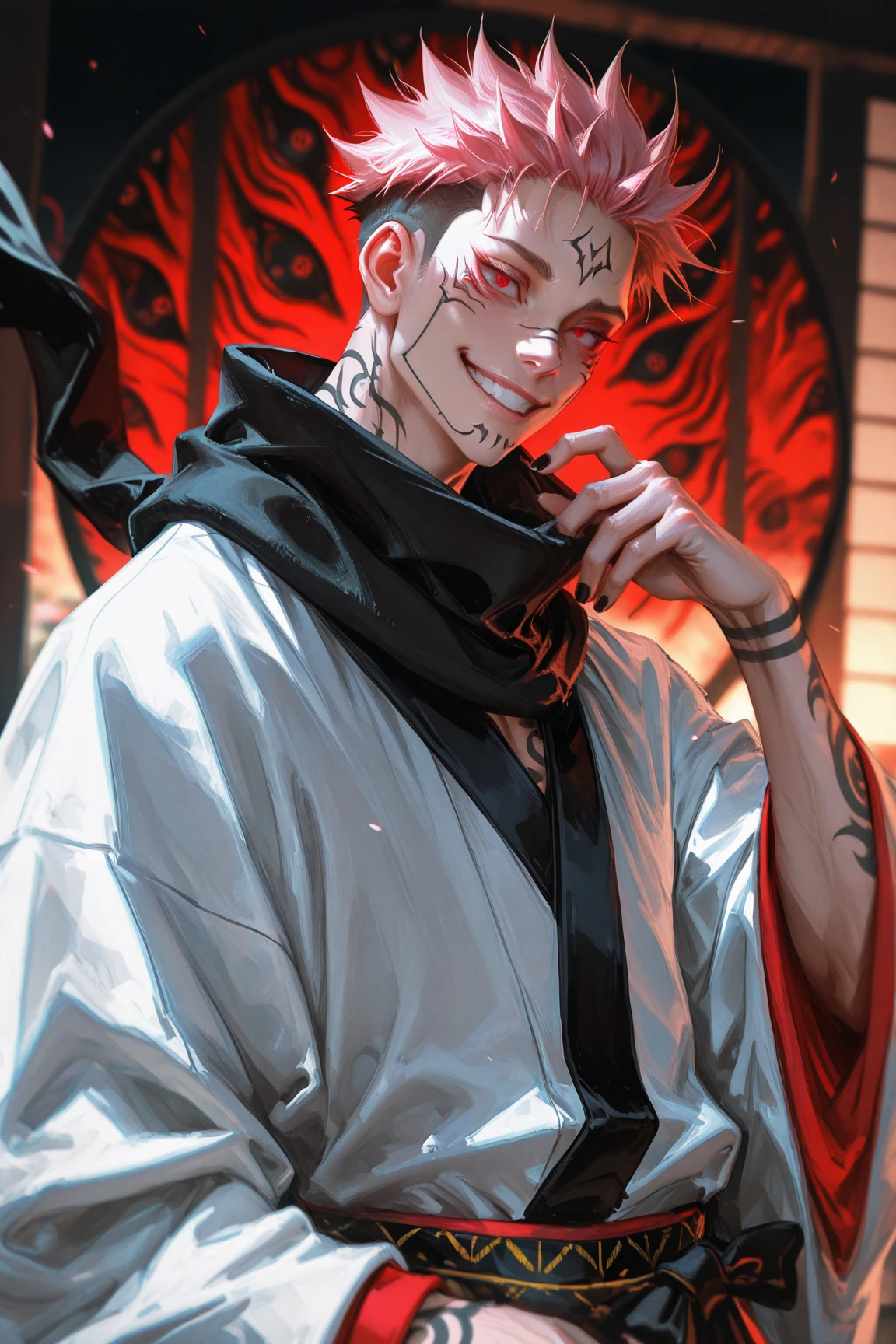 (sakimichan:0.6),(mai_yoneyama:0.2),extreme aesthetic, very aesthetic, cinematic lighting, depth of field, undercut, 1boy, male_focus, tattoo, ryoumen_sukuna_(jujutsu_kaisen), facial_tattoo, white_kimono, solo, kimono, red_eyes, japanese_clothes, short_hair, smile, pink_hair, extra_eyes, upper_body, looking_at_viewer, scarf, black_hair, black_scarf, wide_sleeves, itadori_yuuji, spiked_hair, grin, facial_mark, arm_tattoo, black_nails, fingernails, long_sleeves