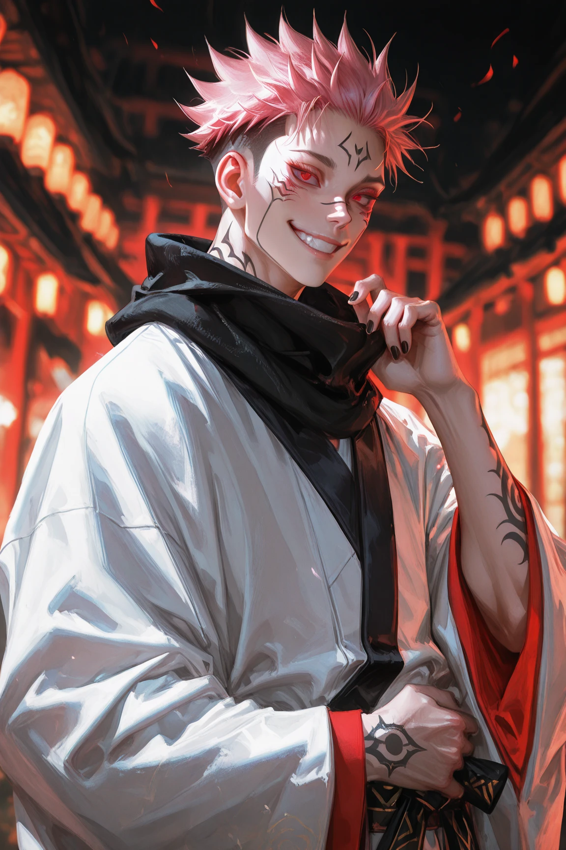 (sakimichan:0.6),(mai_yoneyama:0.2),extreme aesthetic, very aesthetic, cinematic lighting, depth of field, undercut, 1boy, male_focus, tattoo, ryoumen_sukuna_(jujutsu_kaisen), facial_tattoo, white_kimono, solo, kimono, red_eyes, japanese_clothes, short_hair, smile, pink_hair, extra_eyes, upper_body, looking_at_viewer, scarf, black_hair, black_scarf, wide_sleeves, itadori_yuuji, spiked_hair, grin, facial_mark, arm_tattoo, black_nails, fingernails, long_sleeves