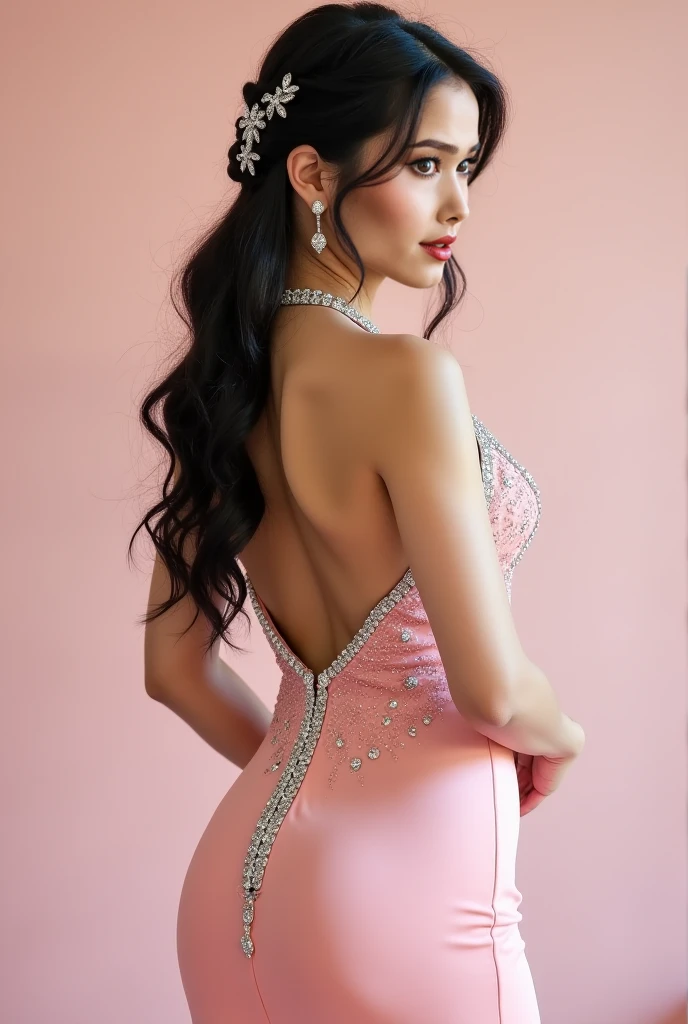 Beautiful Ariana Grande with beautiful eyes and hair in a halter dress with beautiful flowers around it with a beautiful necklace on her neck, , tight dress covering her butt, at night, beautiful in front