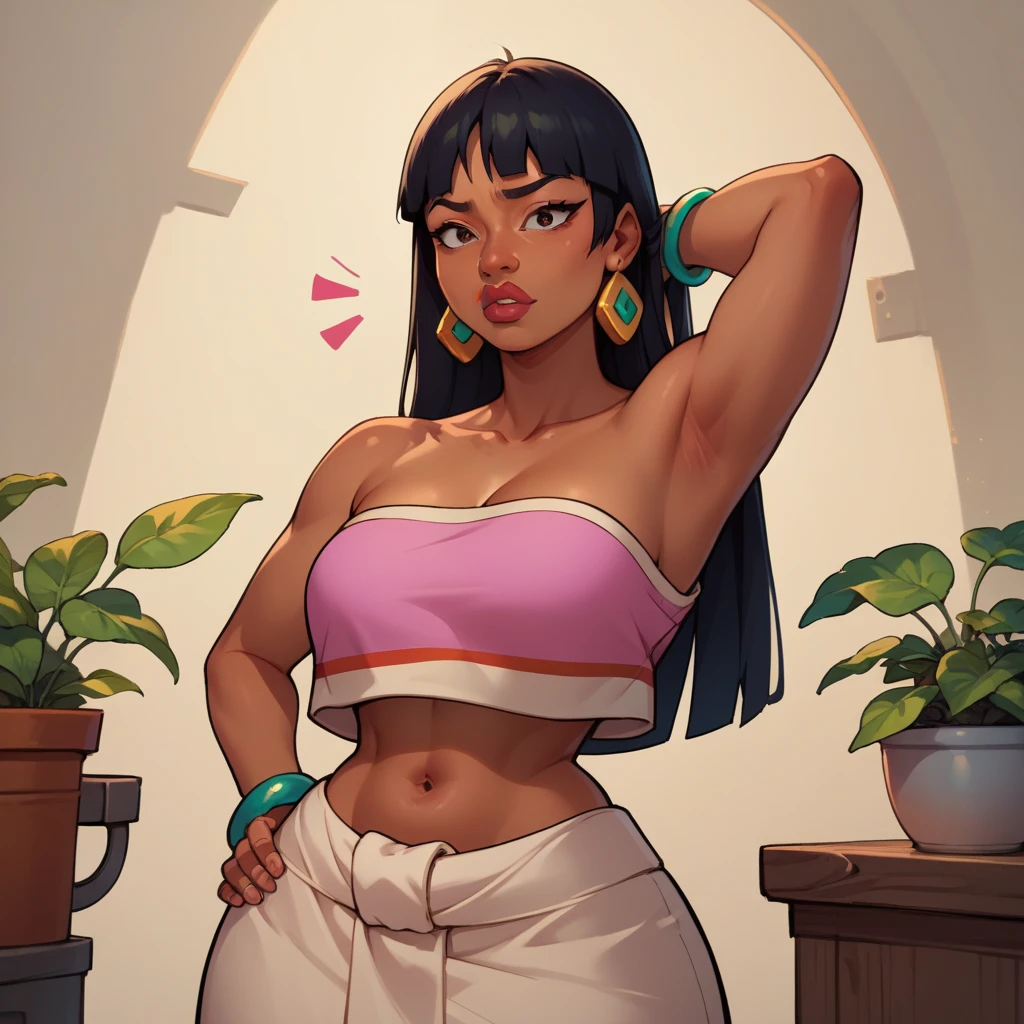 Slender beautiful girl、10th Generation、Dark brown skin、Big Eyes、A smiling face、Wink、Dreadlocks、Large Breasts、White loose soft fabric sports bra、Baggy work trousers、Off-the-shoulder Sukajan