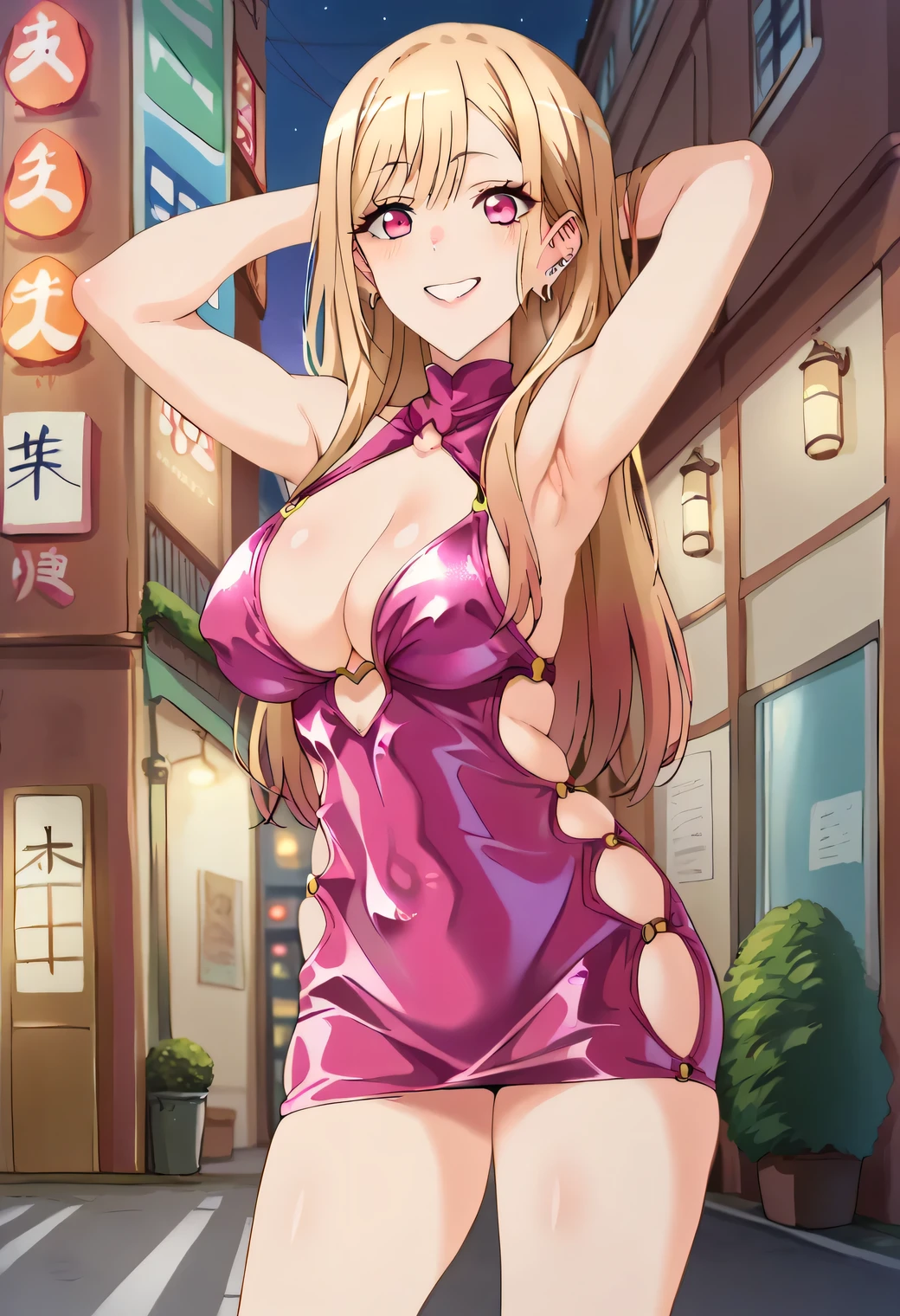 TohruDM, WTail, 1girl, full body, Woman body set big breasts, Stretch meat, kimono, obi, black kimono, red obi, wide obi, cleveage, busty, big, no panties, no bra, beautiful alluring anime woman, seductive anime girl, artwork in the style of guweiz, japanese dress, trending on cgstation, guweiz on pixiv artstation, with ancient japanese clothes, blond hair, smiling, dragon tail, happy girl, 2 hands only, sakura blossoms, cherry flowers, cherry blossoms, cherry tree, cherry tree in background, covered breasts