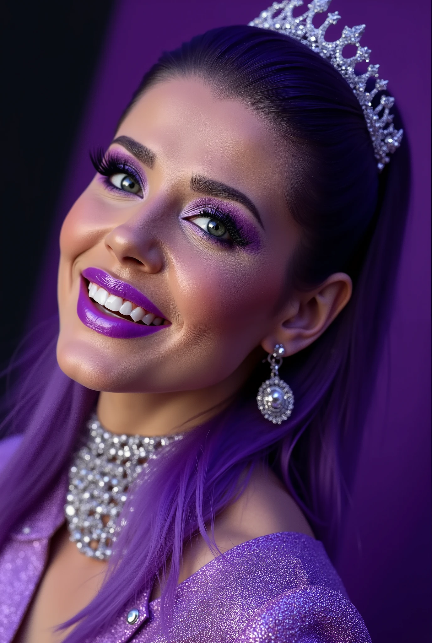 incredibly long and voluminous false eyelashes, bright purple makeup, bright purple hair , diamond earrings , collar, purple lips, her lips are pursed., hair pinned with a comb , high face, She laughs
