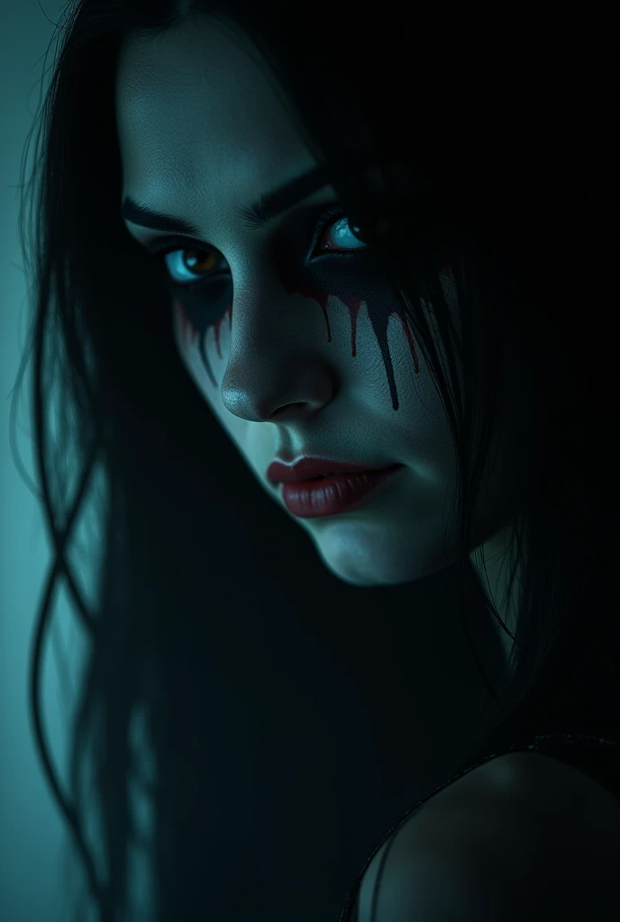 a dark and moody music album cover, a sad and angry woman with a powerful expression, detailed facial features, dramatic lighting, heavy metal, rock music, dark colors, blue and red tones, muted palette, layer of grime and texture, cinematic atmosphere, photorealistic, 8k, high quality, masterpiece