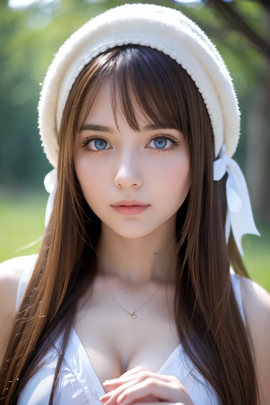 (a beautiful girl with rabbit ears), long messy brown hair, head tilted, (best quality,4k,8k,highres,masterpiece:1.2),ultra-detailed,(realistic,photorealistic,photo-realistic:1.37),inugami korone, intricate, detailed portrait,8K,((masterpiece)), ((best quality)), (ultra-detailed), High detail, professional photograph, highest quality, floating hair, beautiful detailed, (((realistic))), hyper realistic character,natural lighting ,beautiful detailed eyes,1girl, solo,blunt bangs, realistic, big tits,(bunny girl)